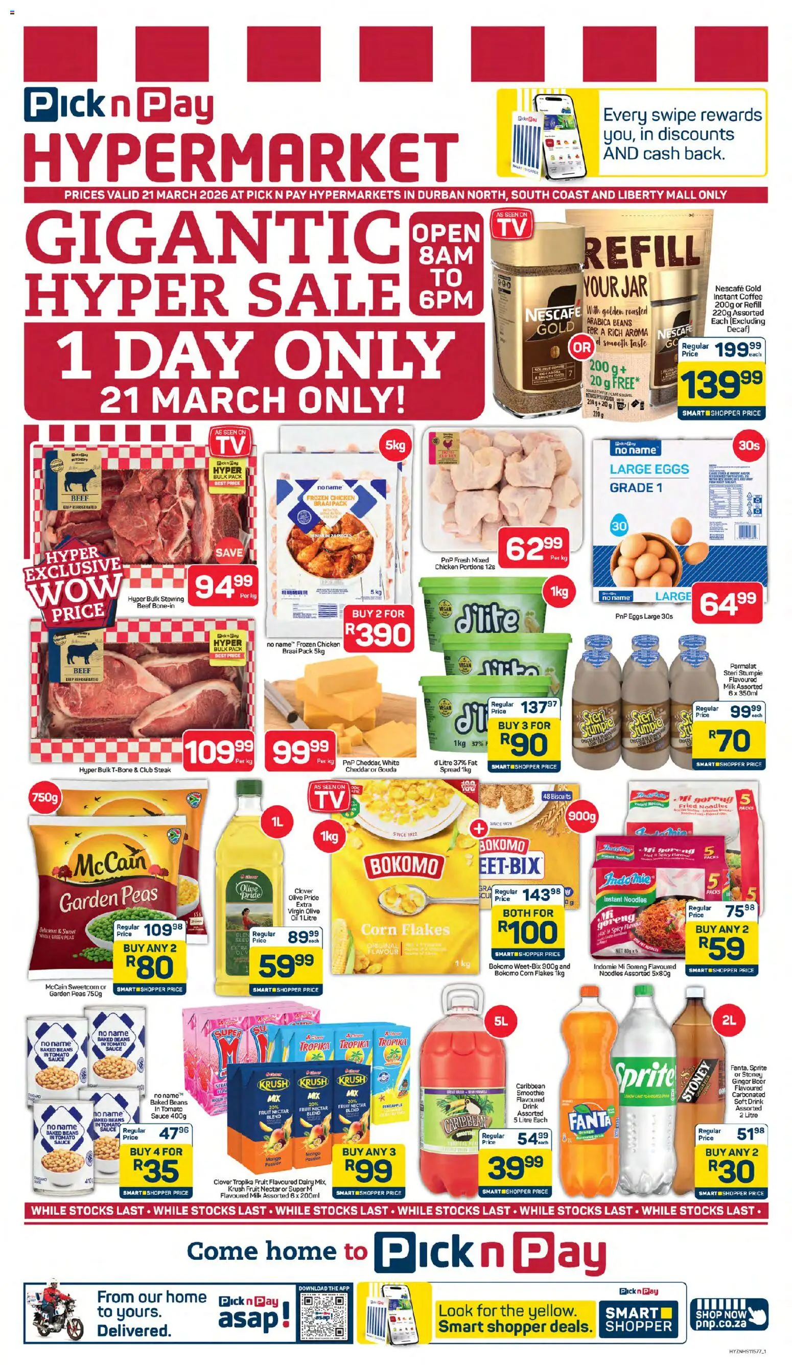 New Pick n Pay catalogue – valid from 21.03.2026 | Page: 1 | Products: Corn, Beef, Fanta, Tomato sauce