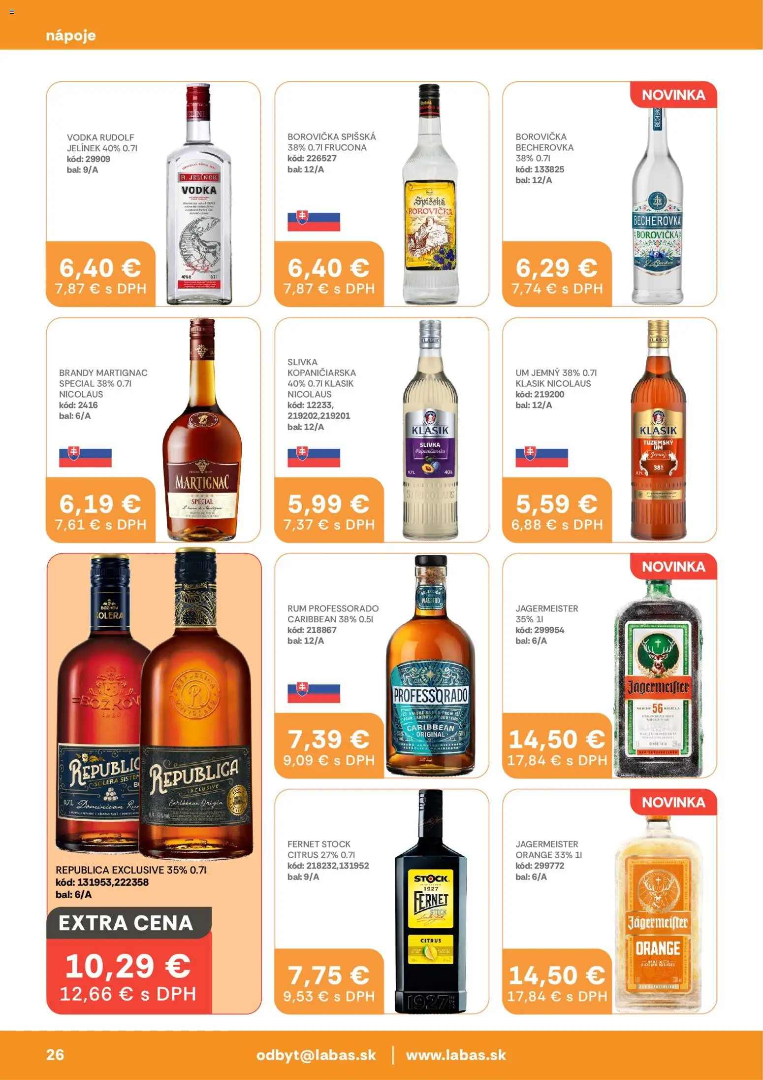 Nové Labaš akcie – leták je platný od 10.04.2026 | Strana: 26 | Produkty: Becherovka, Borovička, Vodka, Rum