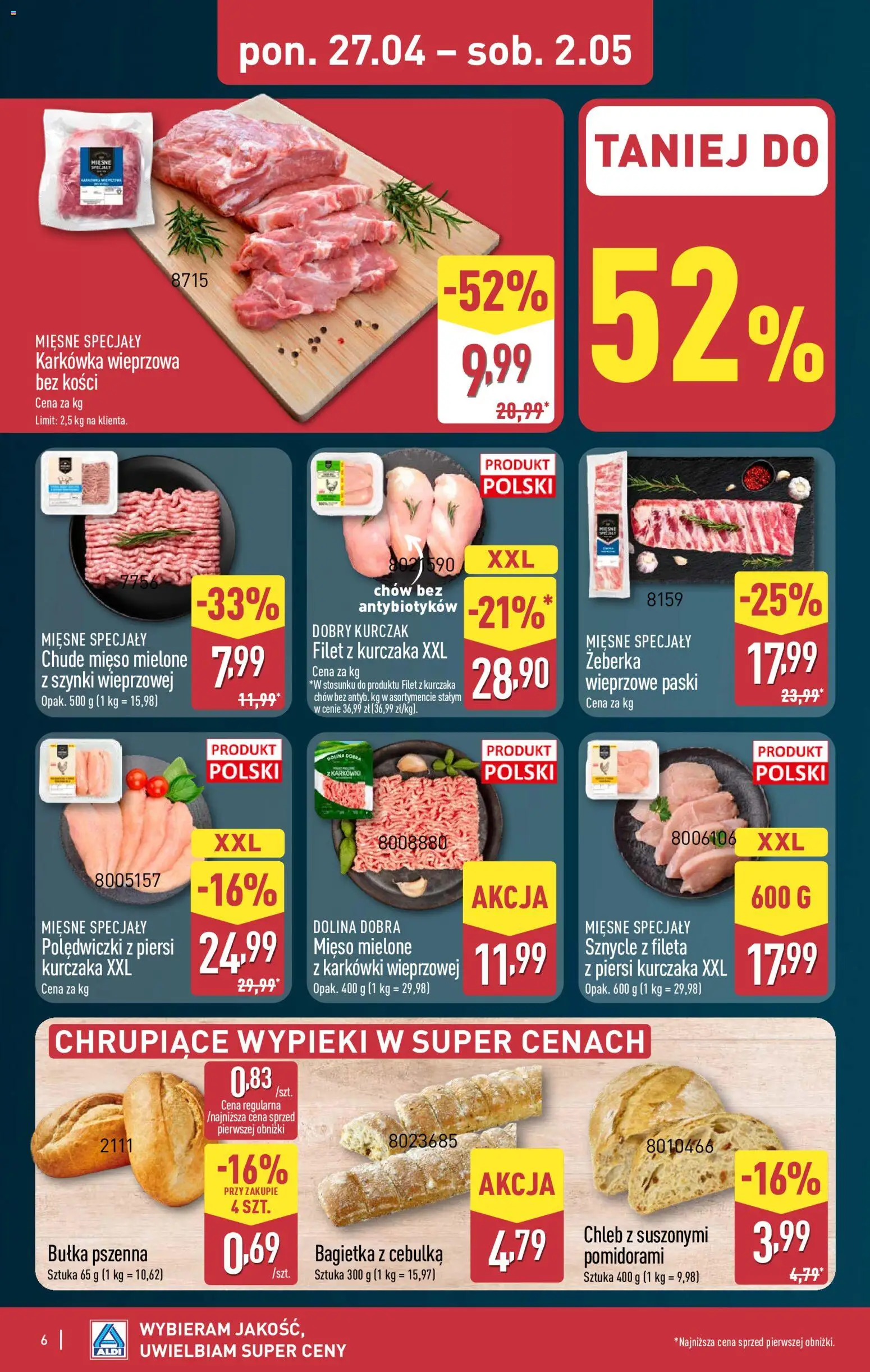 Aldi gazetka od 27.04.2026 | Strona: 6 | Produkty: Kurczak, Karkówka wieprzowa, Bułka, Bagietka