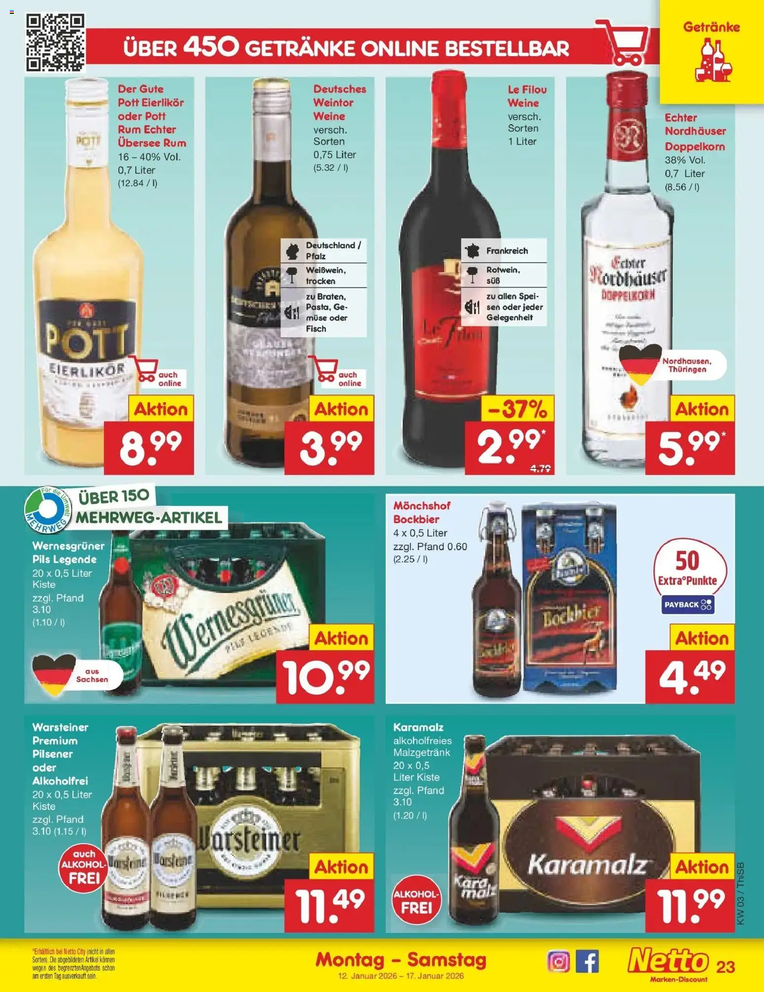 Netto Marken-Discount prospekt Pirna	 – gültig ab 12.01.2026 | Seite: 23 | Produkte: Le filou, Rum, Wernesgruner, Warsteiner