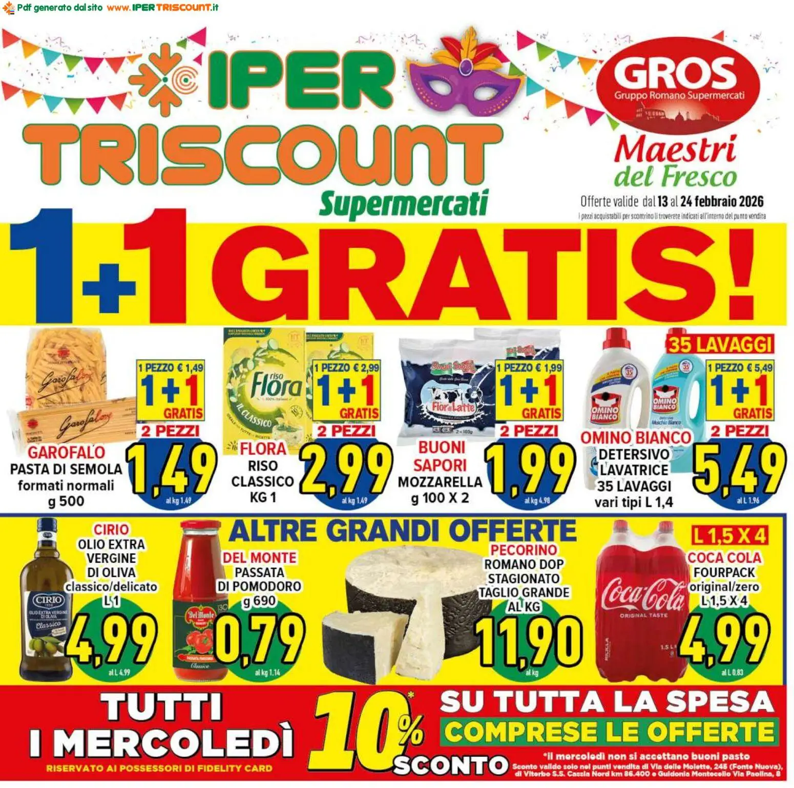 Volantino Ipertriscount del 13.02.2026 | Pagina: 1 | Prodotti: Riso, Mozzarella, Pasta, Coca Cola