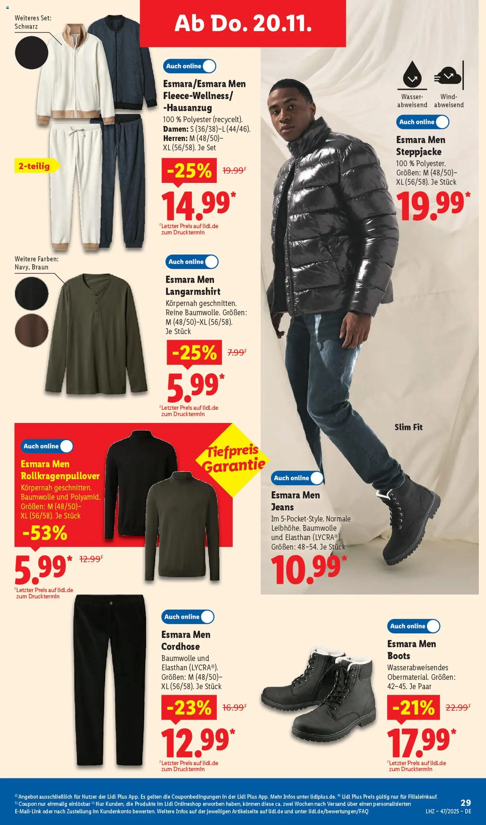 Lidl Prospekt Bestwig – gültig ab 17.11.2025 | Seite: 47 | Produkte: Rollkragenpullover, Steppjacke, Wasser, Jeans