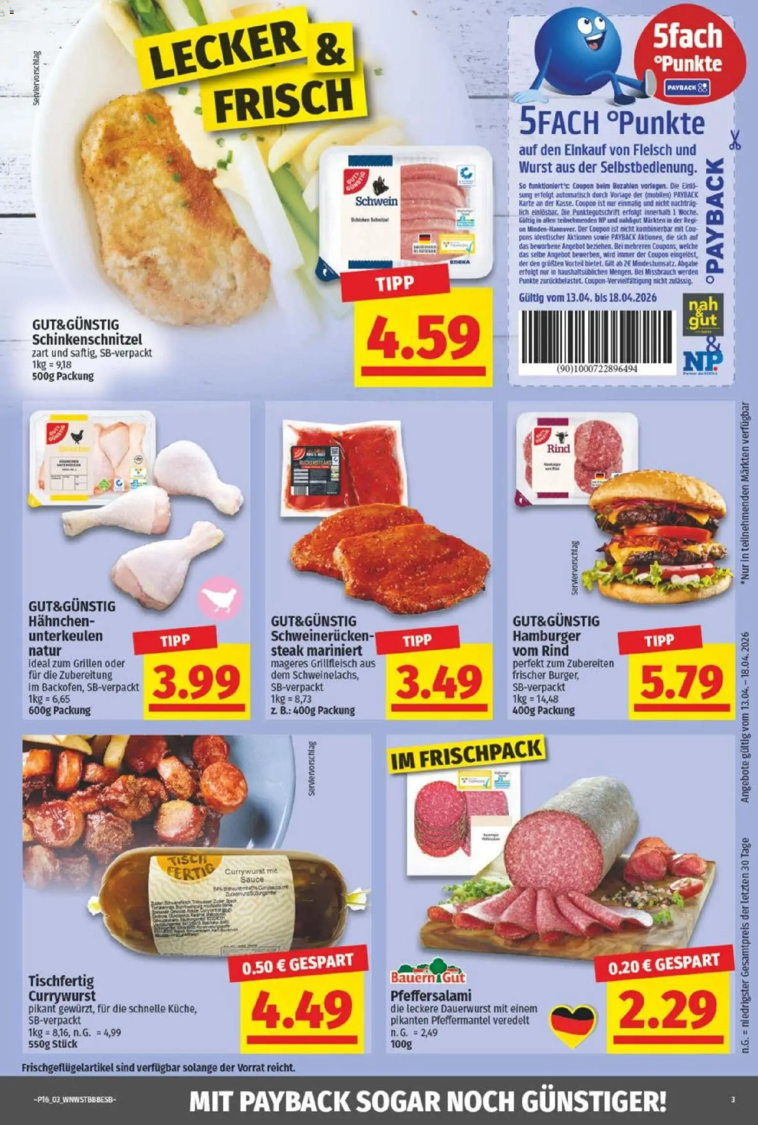 NP Discount Prospekt – gültig ab 13.04.2026 | Seite: 3 | Produkte: Hahnchen, Schweinerucken, Steak, Fleisch