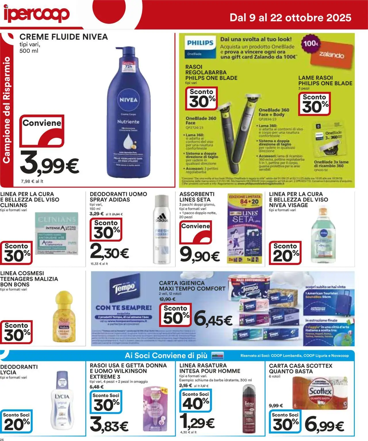 Volantino Ipercoop del 09.10.2025 | Pagina: 26 | Prodotti: Schiuma da barba, Pettine, Carta igienica, Regolabarba