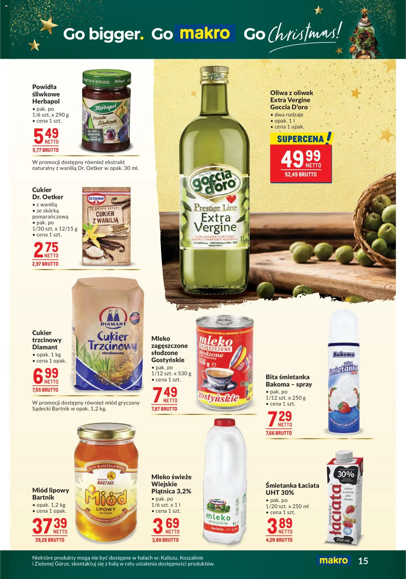 Makro Gazetka od 09.12.2025 | Strona: 15 | Produkty: Bita śmietanka, Oliwa z oliwek, Miód gryczany, Cukier