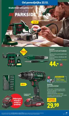Parkside®, Aku bušilica/odvijač, Set. Snažan motor s 2-brzinskim prijenosnikom. Brzozatezni zaglavnik za svrdlo od metala s radijalnom blokadom. Uključujući aku bateriju (2Ah) i punjač. Uključujući 8 bitova za odvijač i 8 HSS-svrdala u praktičnoj kutiji za pohranjivanje - Pregled kataloga iz trgovine Lidl, vrijedi od 18.12.2025 | Stranica: 49 | Proizvodi: Odvijač, Parkside