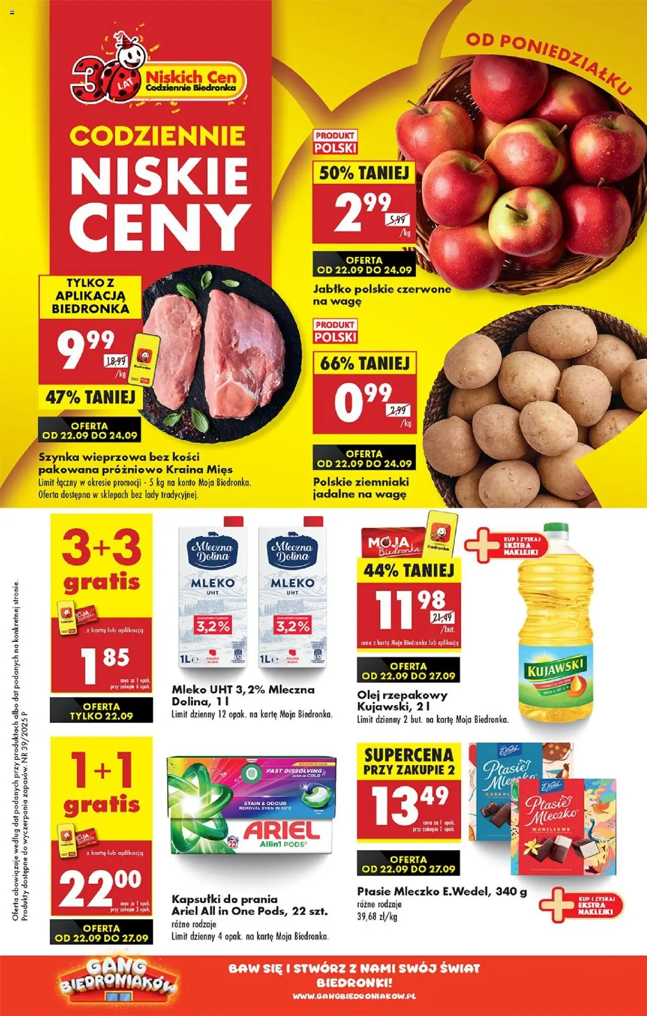 Biedronka gazetka od 22.09.2025 | Strona: 1 | Produkty: Ariel kapsułki, Olej rzepakowy, Naklejki, Mleko