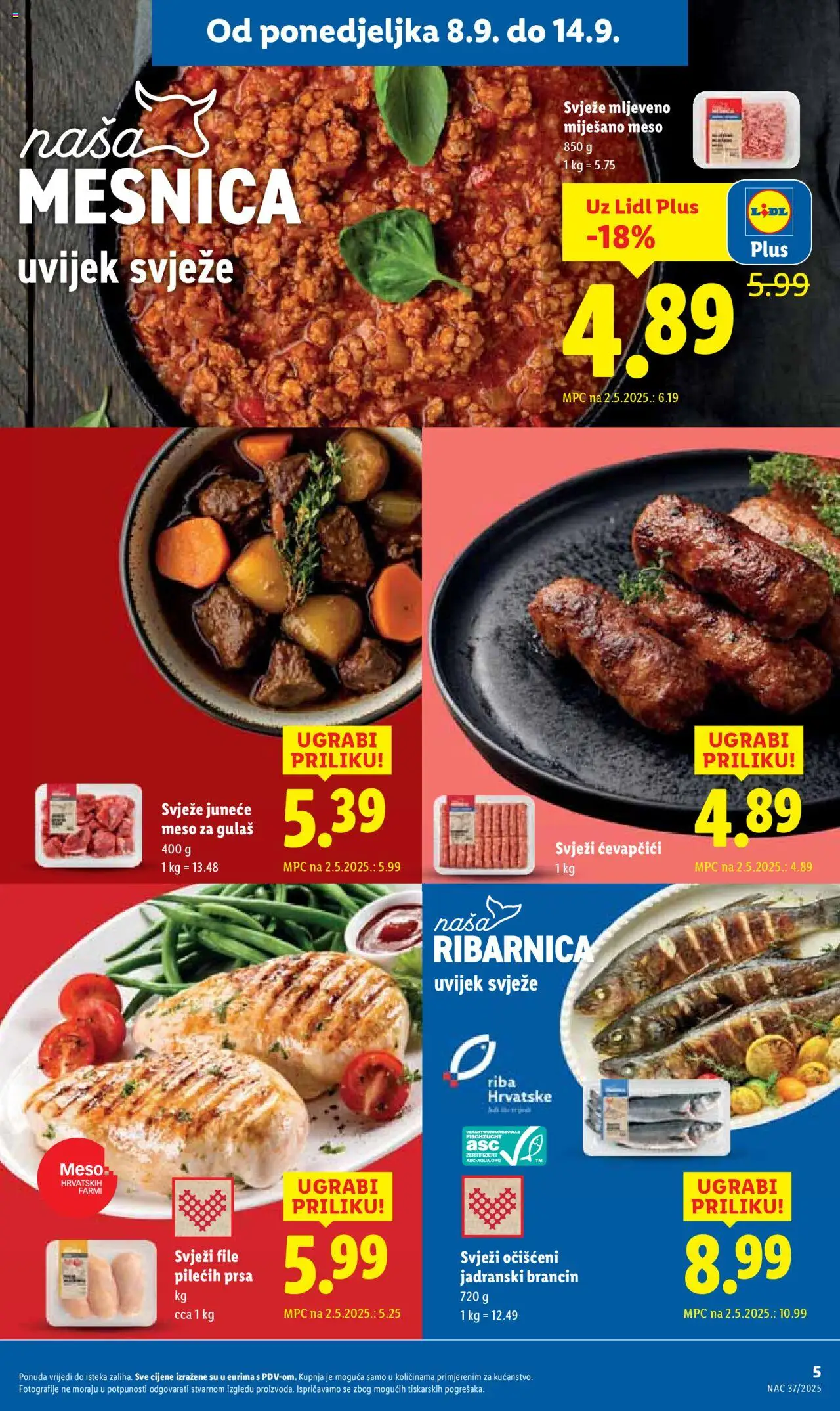Lidl katalog | vrijedi od 08.09.2025 | Stranica: 5 | Proizvodi: Meso, Riba, Brancin, Ćevapčići