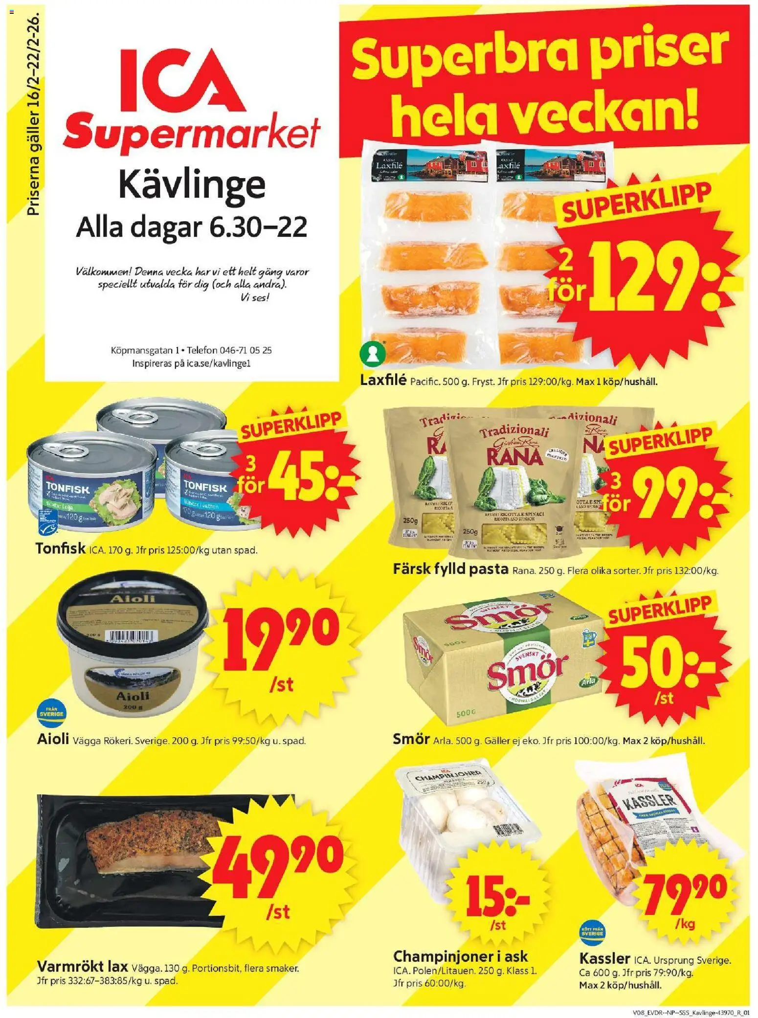 ICA Supermarket reklamblad aktuell från 16.02.2026 | Sida: 1 | Produkter: Kassler, Lax, Aioli, Champinjoner