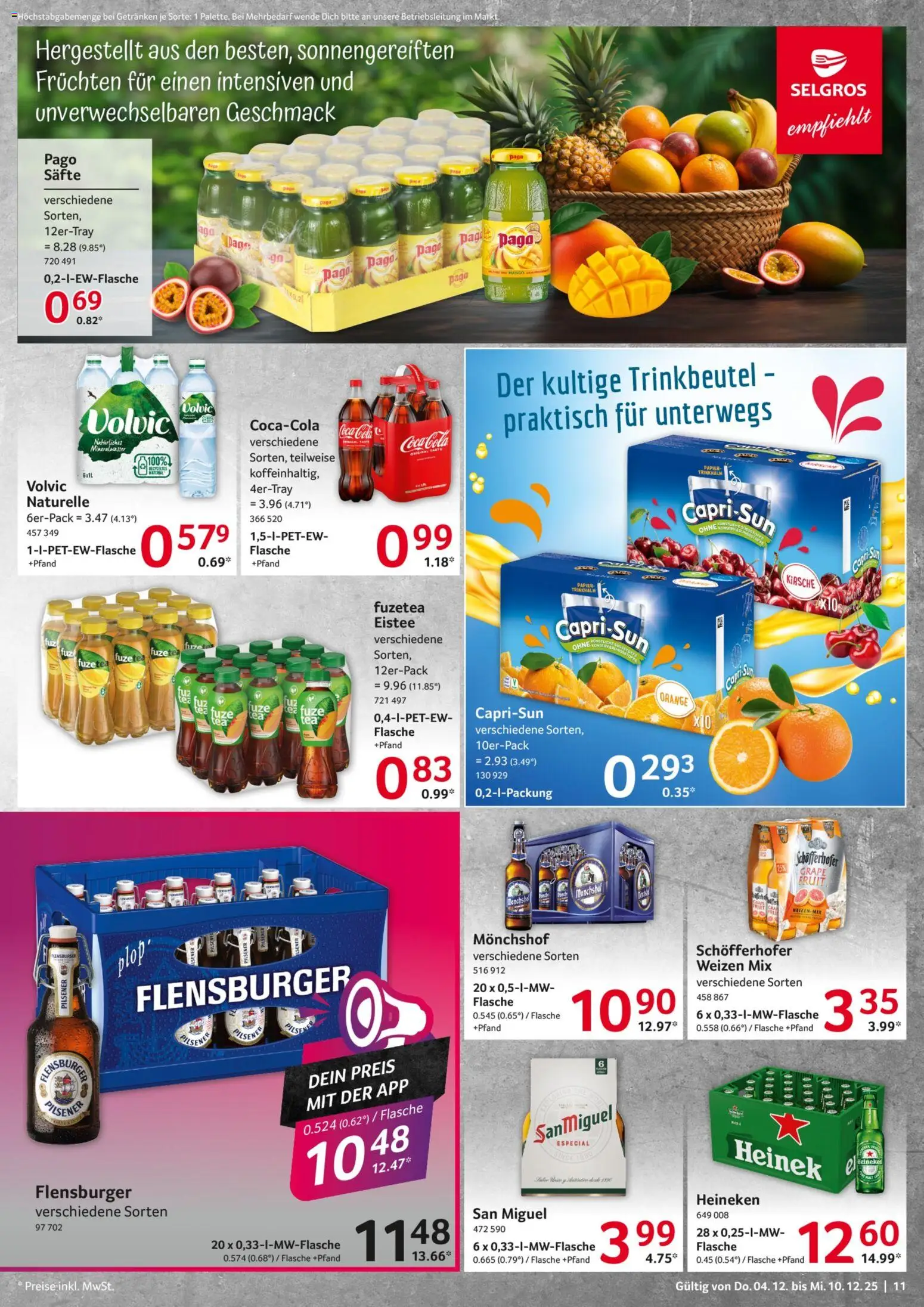 Selgros Prospekt 	 – gültig ab 04.12.2025 | Seite: 11 | Produkte: Monchshof, Coca cola, Flensburger, Volvic