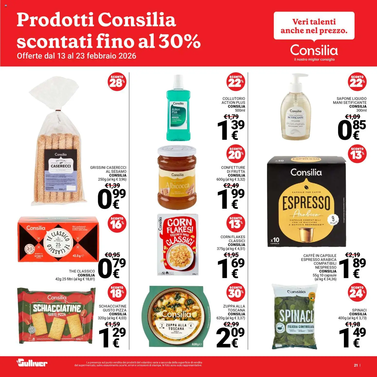 Volantino Gulliver del 13.02.2026 | Pagina: 21 | Prodotti: Collutorio, Frutta, Caffe in capsule, Grissini