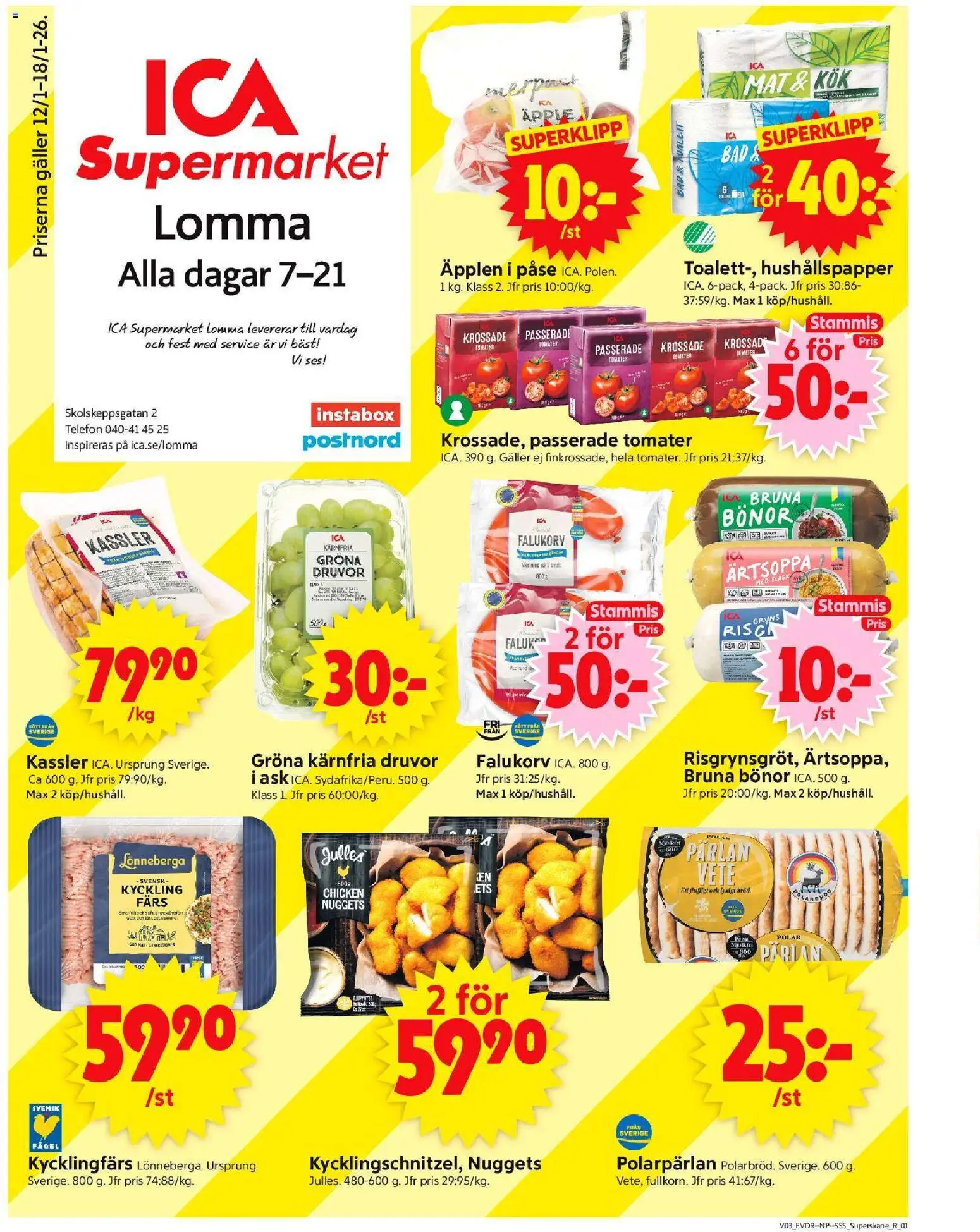 ICA Supermarket reklamblad aktuell från 12.01.2026 | Sida: 1 | Produkter: Hushållspapper, Falukorv, Toalett, Fläsk