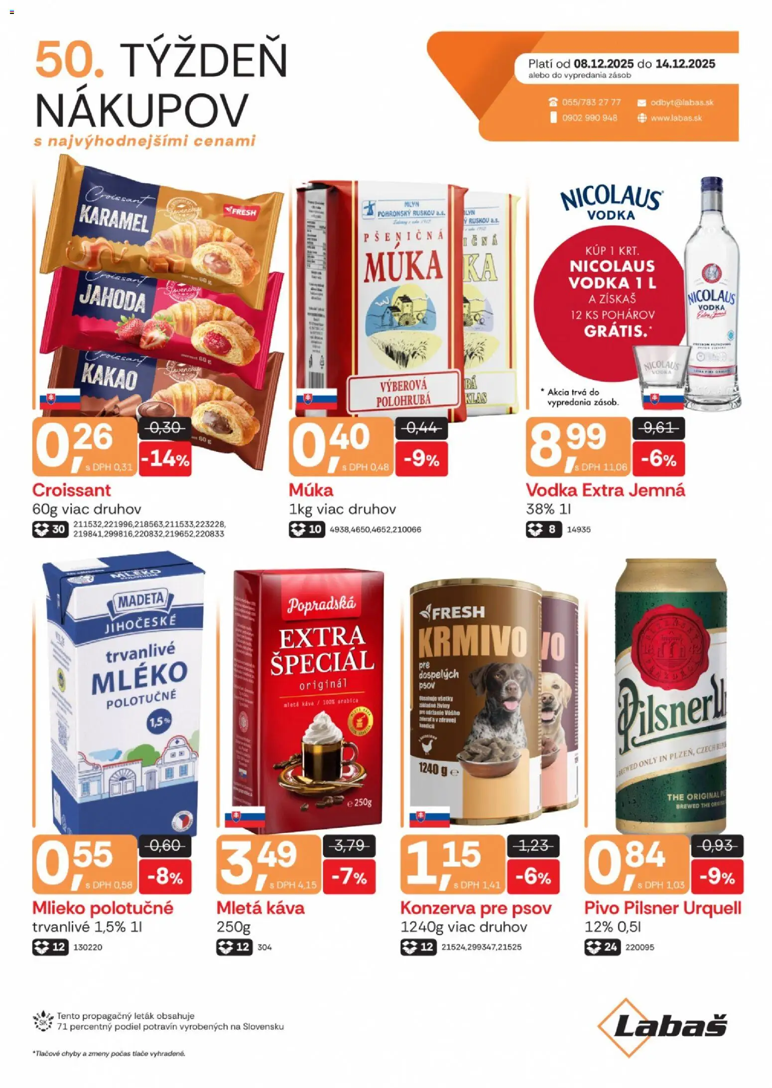 Nové Labaš akcie – leták je platný od 08.12.2025 | Strana: 1 | Produkty: Mlieko, Pilsner Urquell, Croissant, Nicolaus vodka