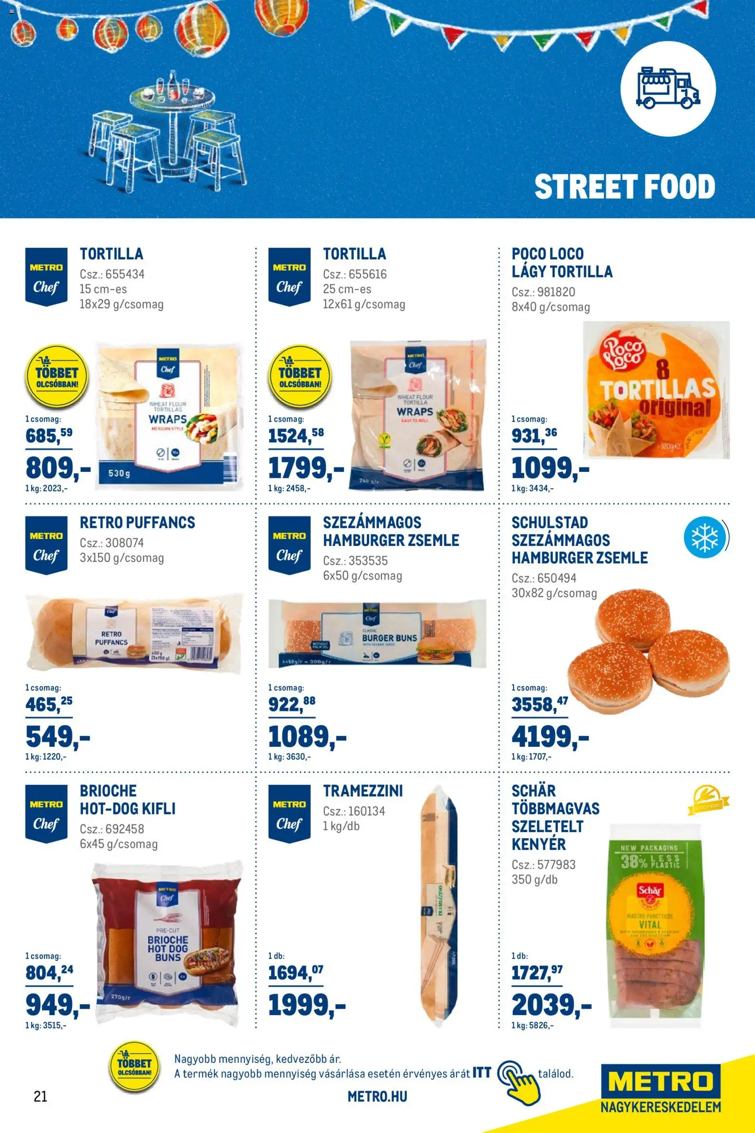 Metro akciós ujság - amely érvényes a következő dátumtól: 03.03.2026 | Oldal: 21 | Termékek: Hamburger, Tortilla, Zsemle, Kenyér