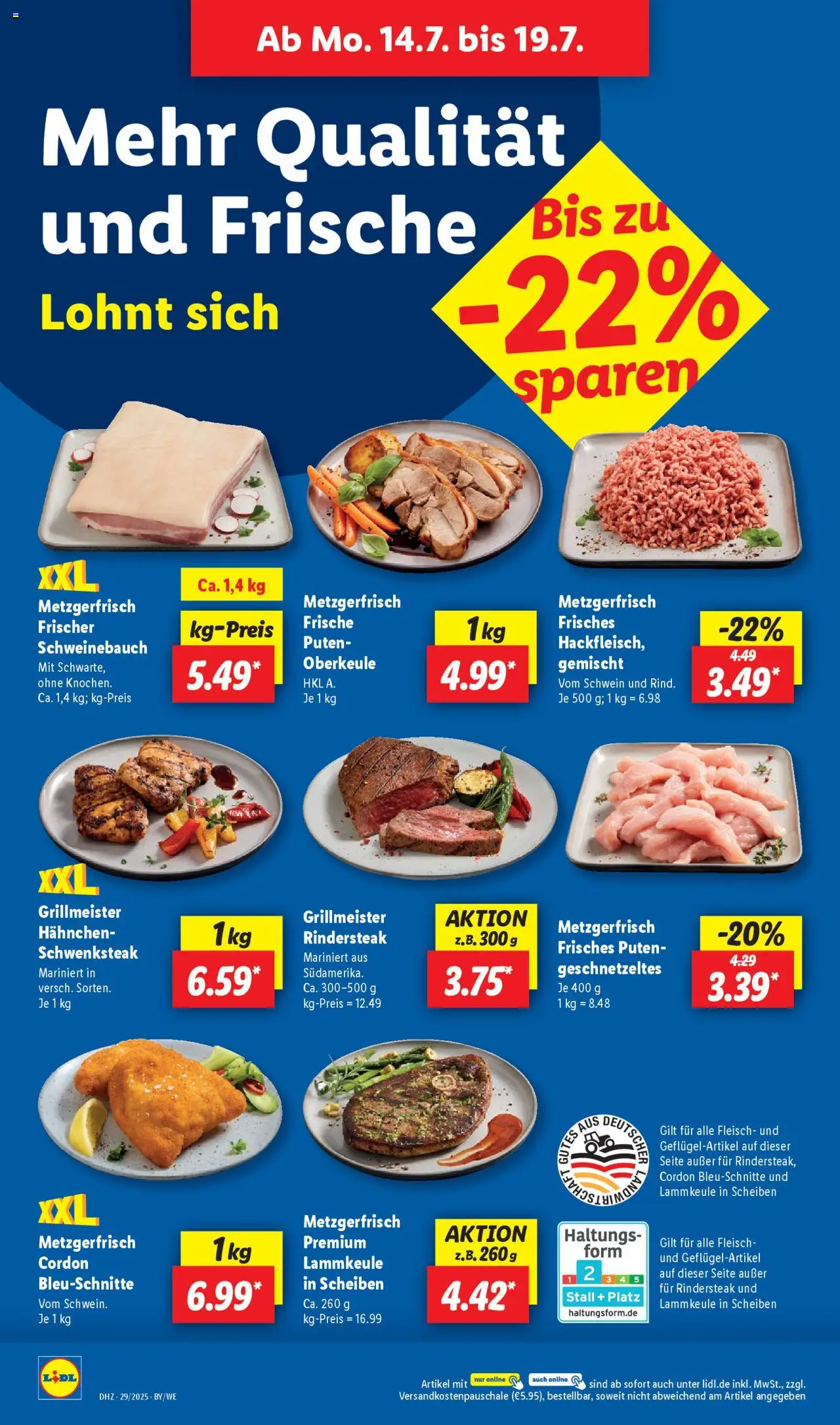 Lidl Prospekt Heppenheim - gültig ab dem 14.07.2025 | Seite: 4 | Produkte: Lammkeule, Hahnchen, Schweinebauch, Fleisch