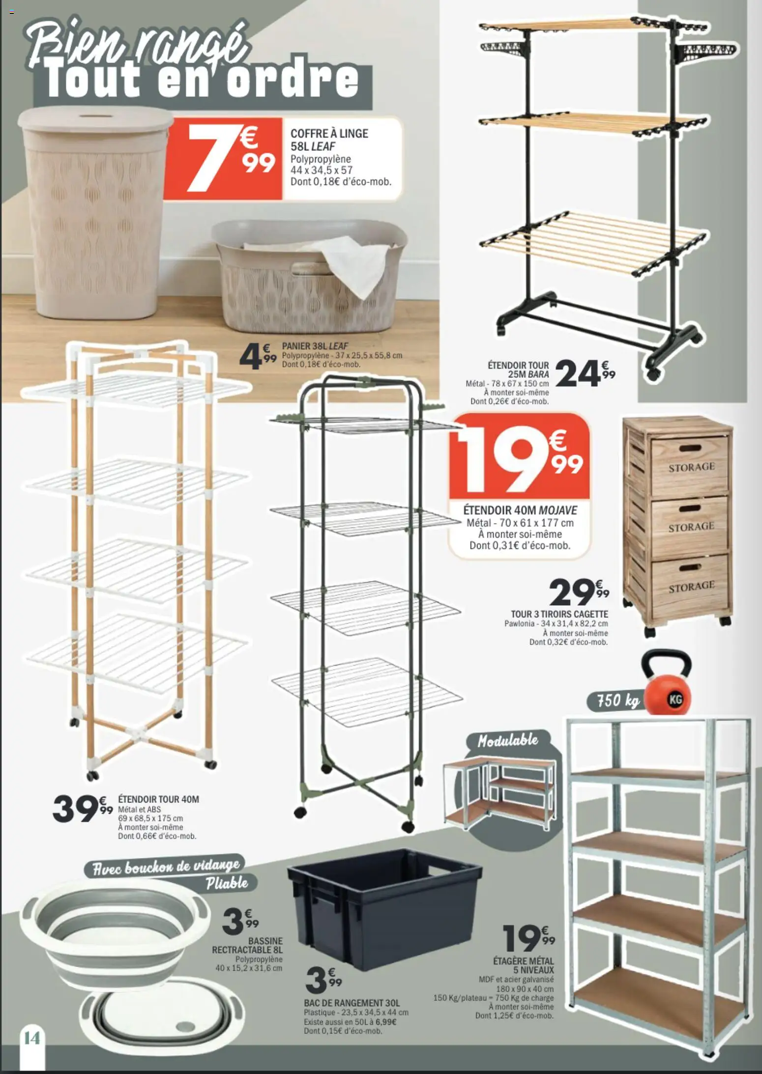 {H1} | Page: 14 | Produits: Bassine, Étagère, Tiroirs, Panier