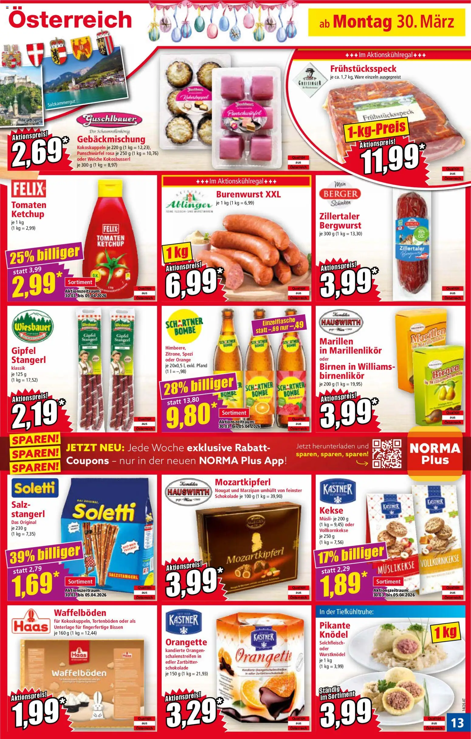 Norma Flugblatt gültig ab 30.03.2026 | Seite: 13 | Produkte: Kekse, Salz, Schokolade, Orangen