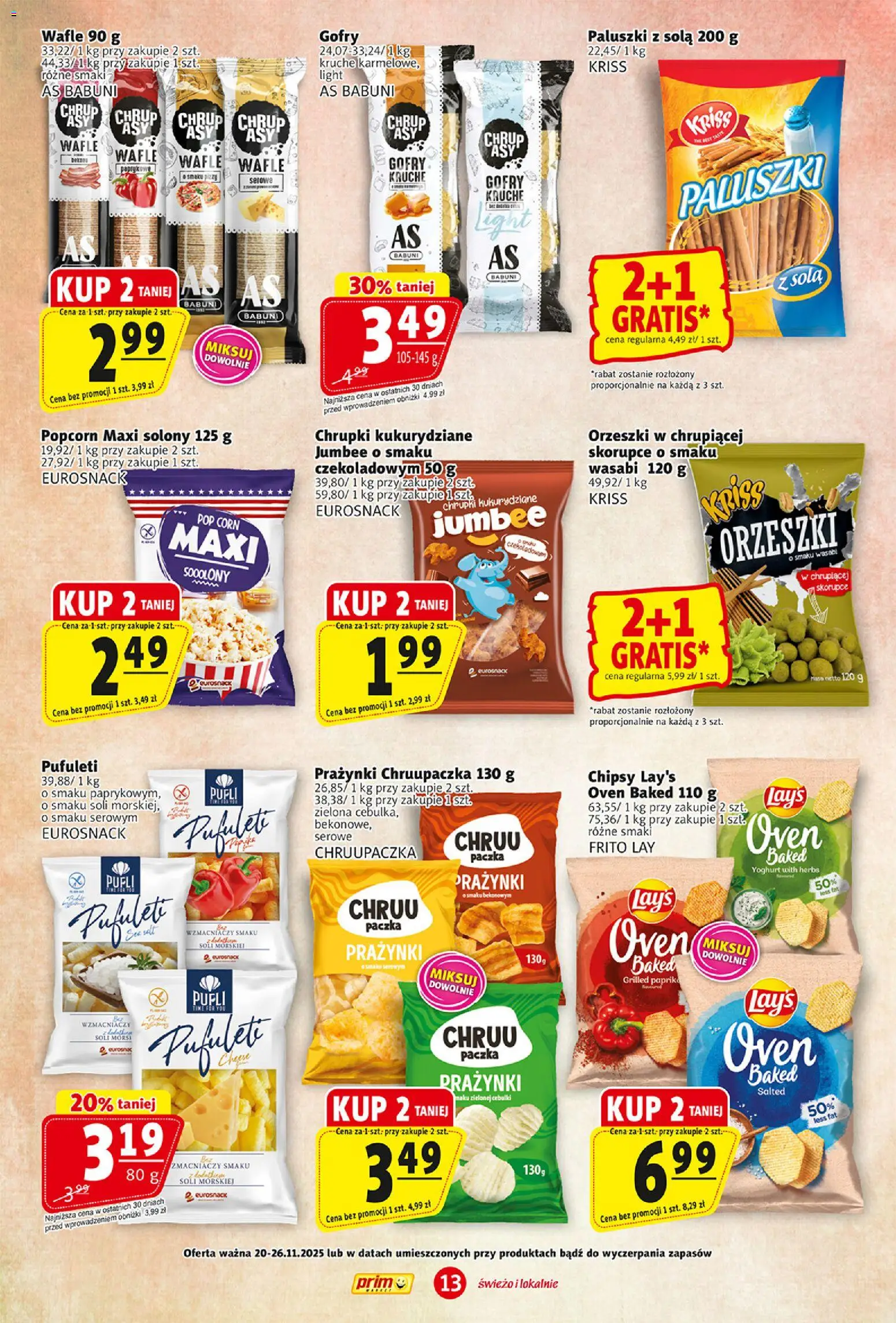 Prim Market Gazetka od 20.11.2025 | Strona: 13 | Produkty: Wafle, Chrupki, Paluszki, Popcorn