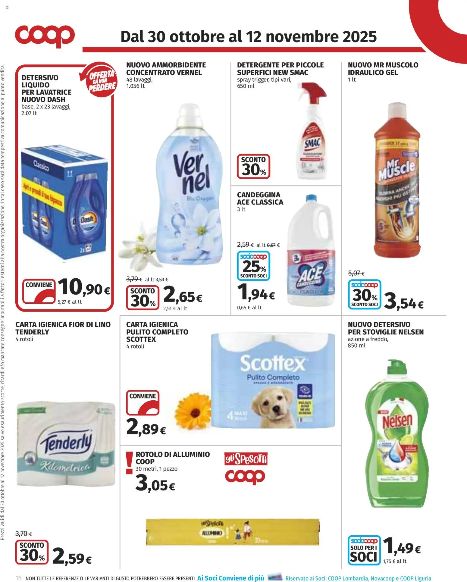 Volantino COOP del 30.10.2025 | Pagina: 16 | Prodotti: Detergente, Candeggina, Data, Alluminio