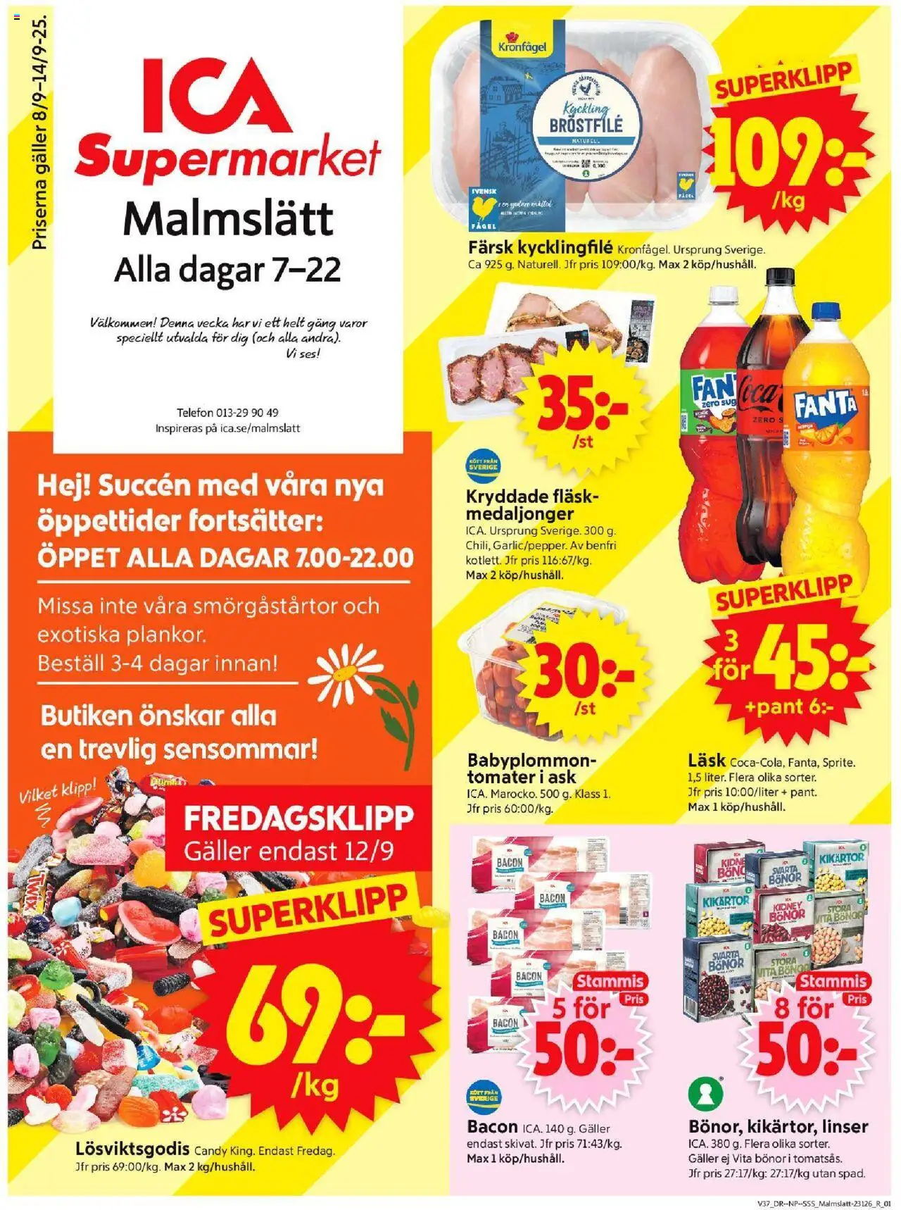 ICA Supermarket reklamblad aktuell från 08.09.2025 | Sida: 1 | Produkter: Kikärtor, Bacon, Galler, Bönor