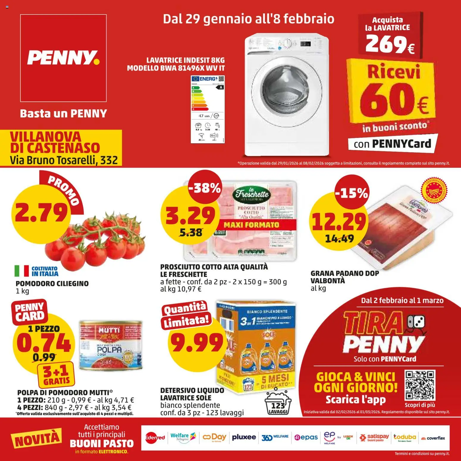 Volantino PENNY del 29.01.2026 | Pagina: 1 | Prodotti: Prosciutto Cotto, Lavatrice, Grana Padano, Mutti