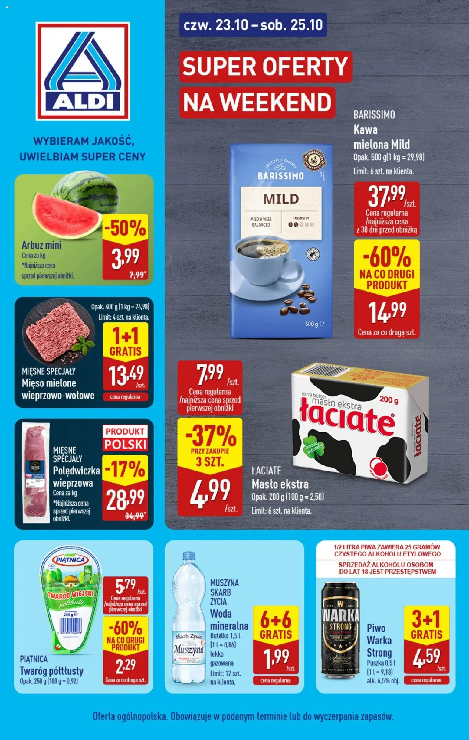 Aldi Gazetka - Super oferty na weekend od 23.10.2025 | Strona: 1 | Produkty: Arbuz, Twaróg półtłusty, Kawa, Piwo