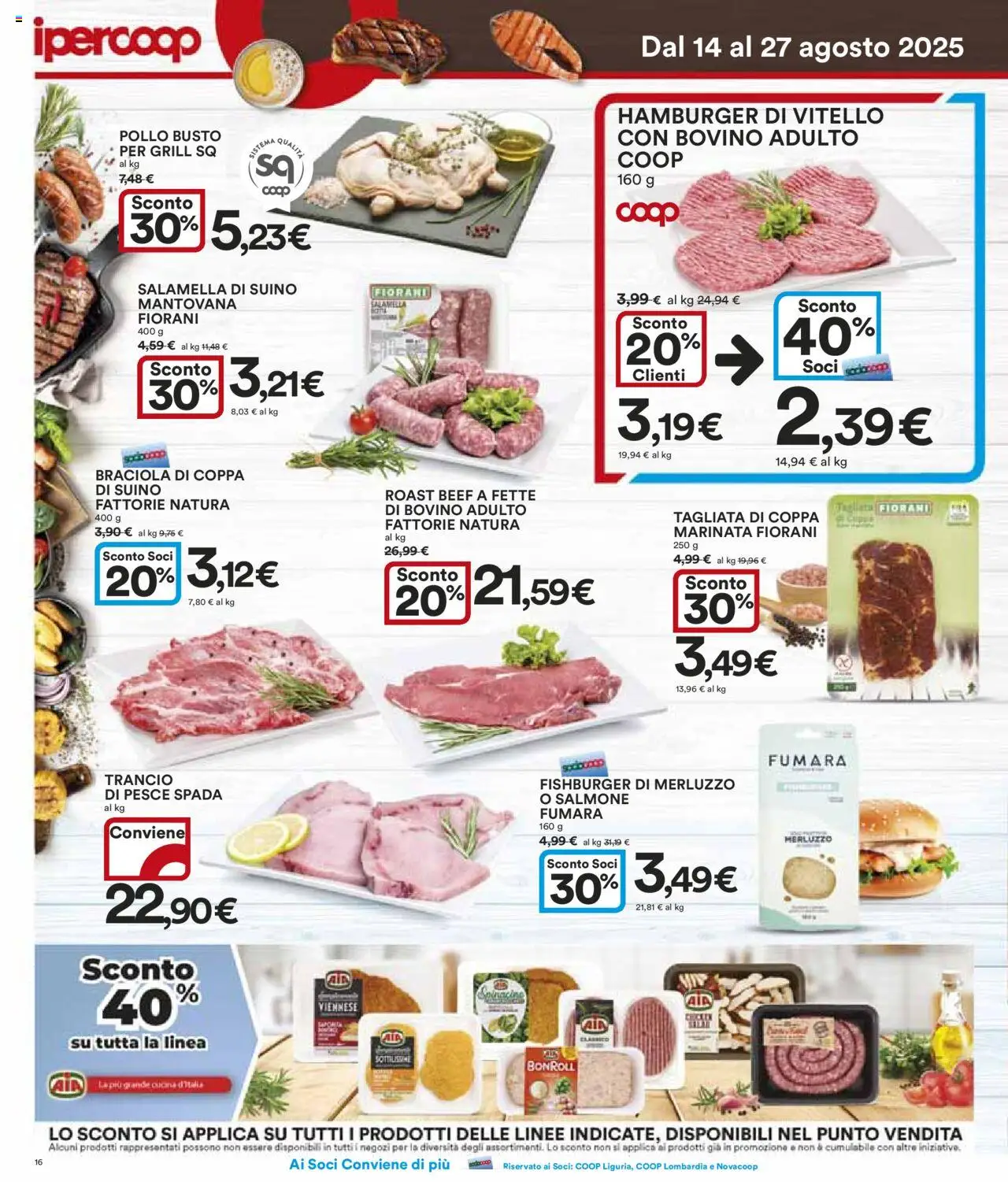 Volantino Ipercoop del 14.08.2025 | Pagina: 16 | Prodotti: Salamella, Pollo, Salmone, Pesce