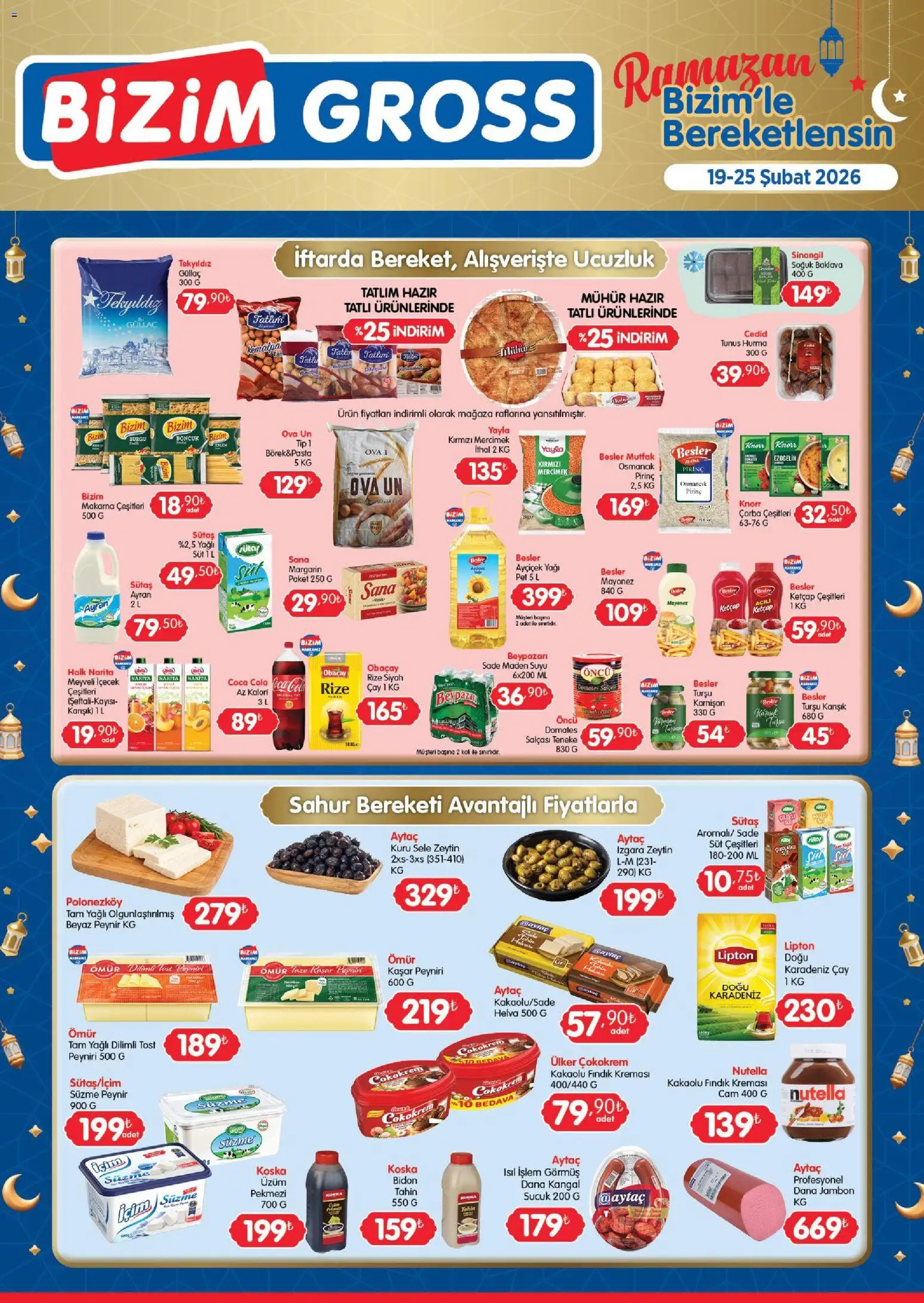 Bizim Toptan - Bizim Gross Fırsat Bülteni - 19.02.2026 tarihinden itibaren geçerlidir | Sayfa: 1 | Ürünler: Süt, Çay, Mayonez, Hurma