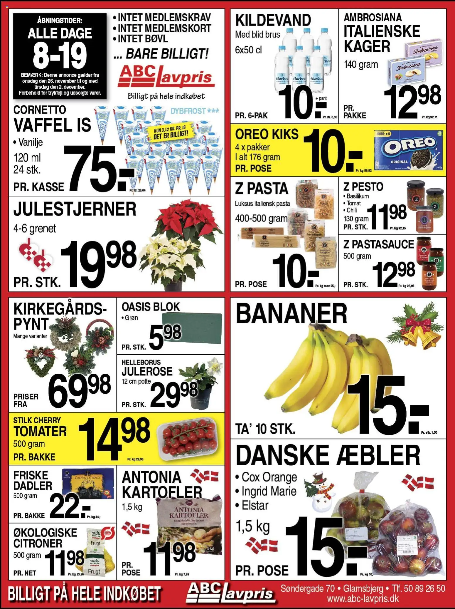 Abc Lavpris tilbudsavis – gyldig fra 26.11.2025 | Side: 1 | Produkter: Bananer, Pasta, Kartofler, Basilikum