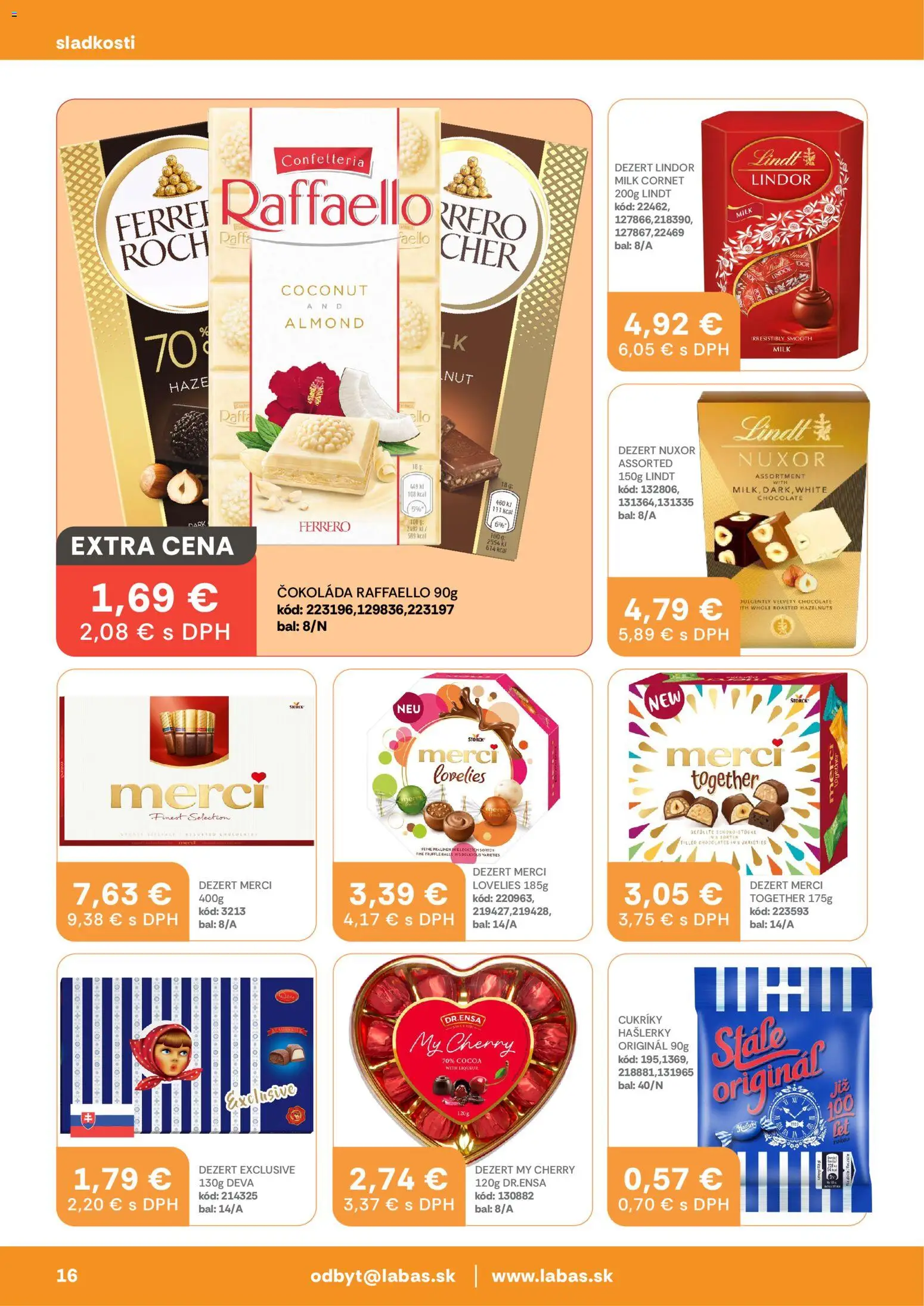 Nové Labaš akcie – leták je platný od 24.04.2026 | Strana: 16 | Produkty: Lindor, Lindt, Čokoláda, Cukríky