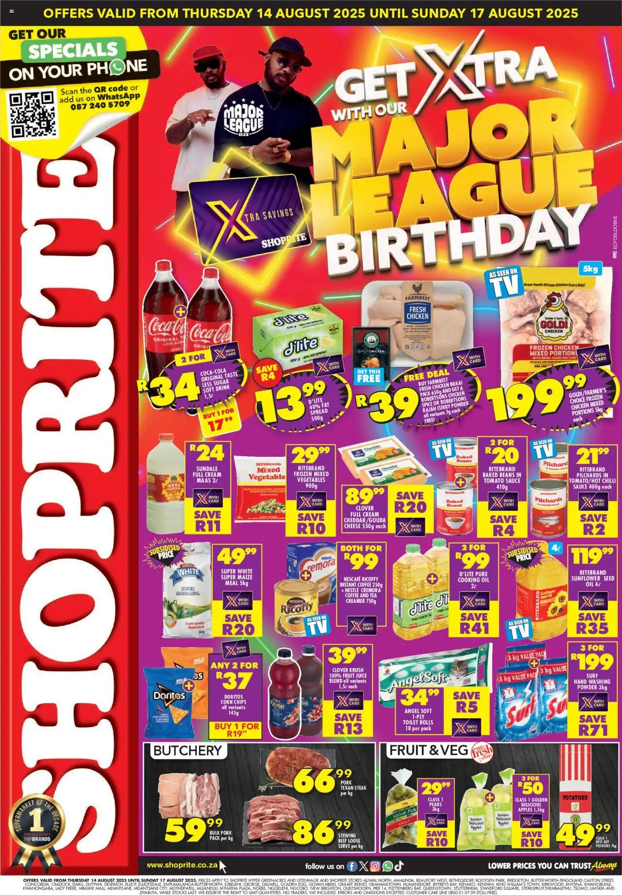 Shoprite Eastern Cape - Major League Birthday Deals │ valid from 14.08.2025 | Page: 1 | Products: Toilet, Pork, Vegetables, Estuche organizador de viaje