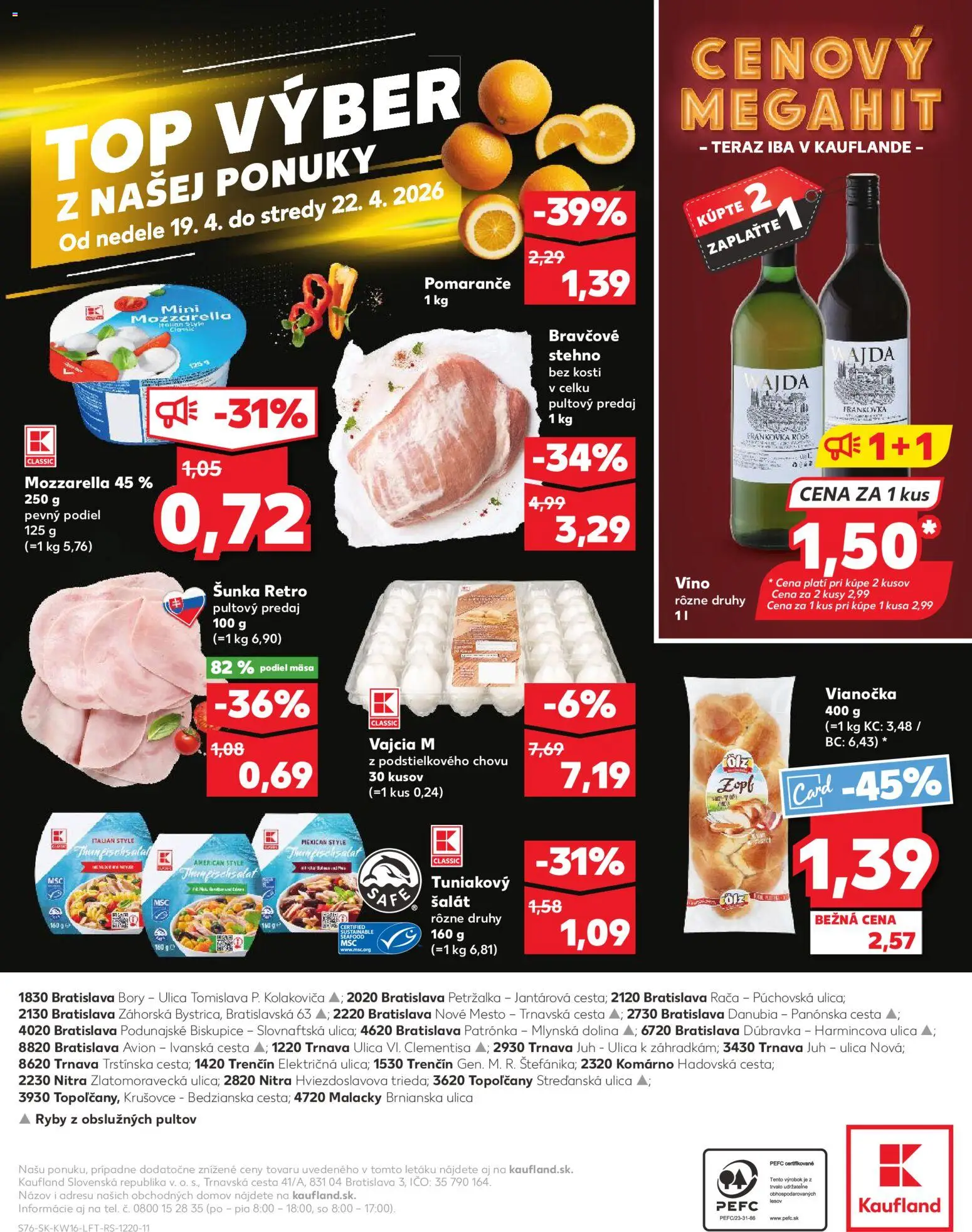 Nové Kaufland akcie – leták je platný od 16.04.2026 | Strana: 76 | Produkty: Víno, Vianočka, Mozzarella, Šalát