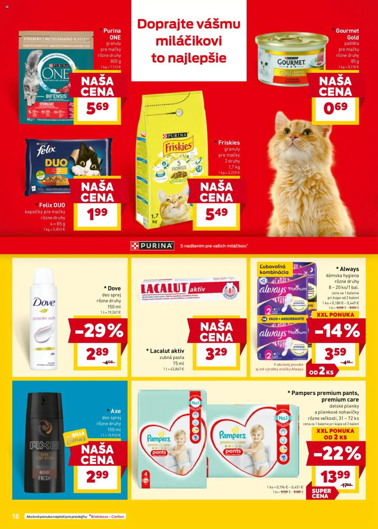 Billa leták │ platný od 06.08.2025 | Strana: 18 | Produkty: Felix, Friskies, Plienky, Pampers