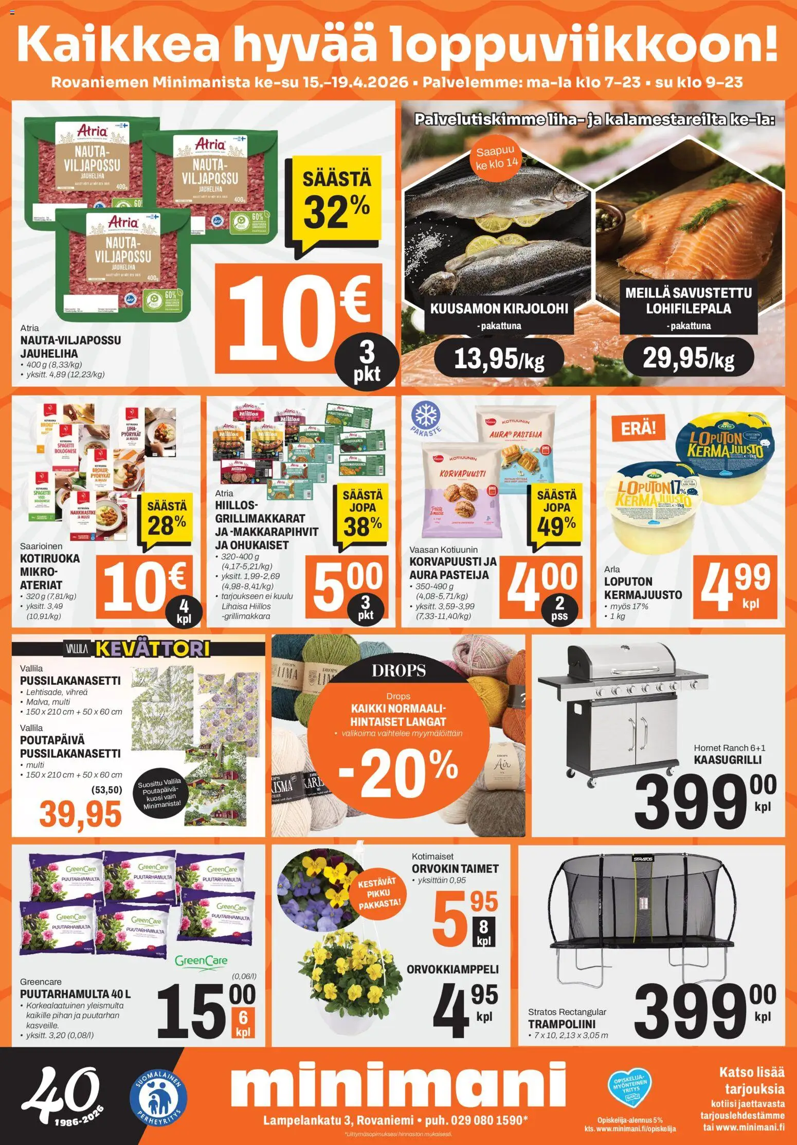 Minimani Tarjoukset - Rovaniemi – voimassa 15.04.2026 alkaen | Sivu: 1 | Tuotteet: Pussilakanasetti, Kirjolohi, Kaasugrilli, Spagetti