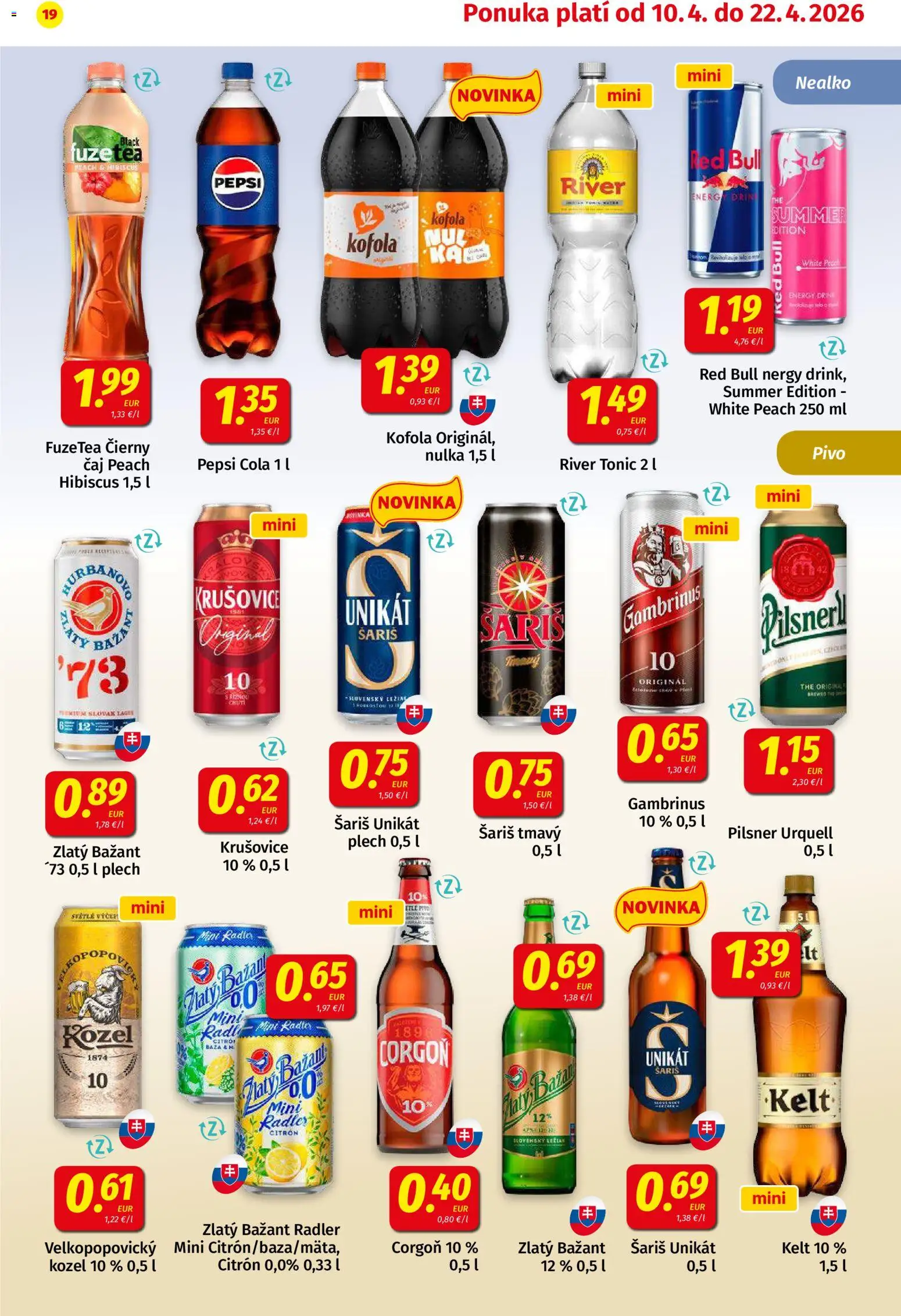 Nové Koruna akcie – leták je platný od 10.04.2026 | Strana: 19 | Produkty: Kelt, Kofola, Cola, Gambrinus