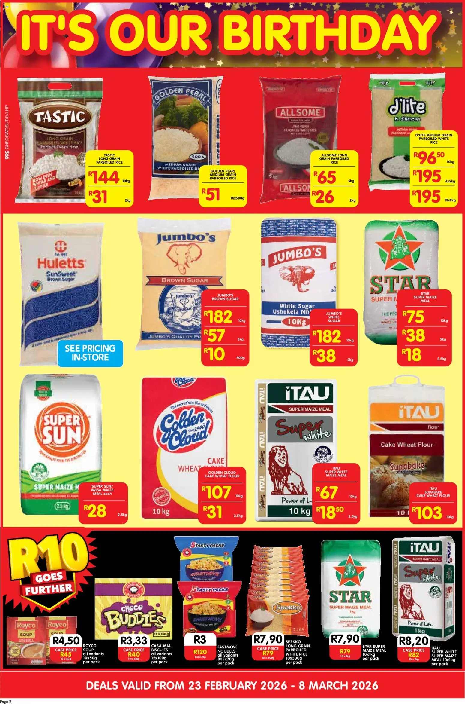 New Shoprite catalogue – valid from 23.02.2026 | Page: 2 | Products: Case, Maize meal, Biscuits, Noodles