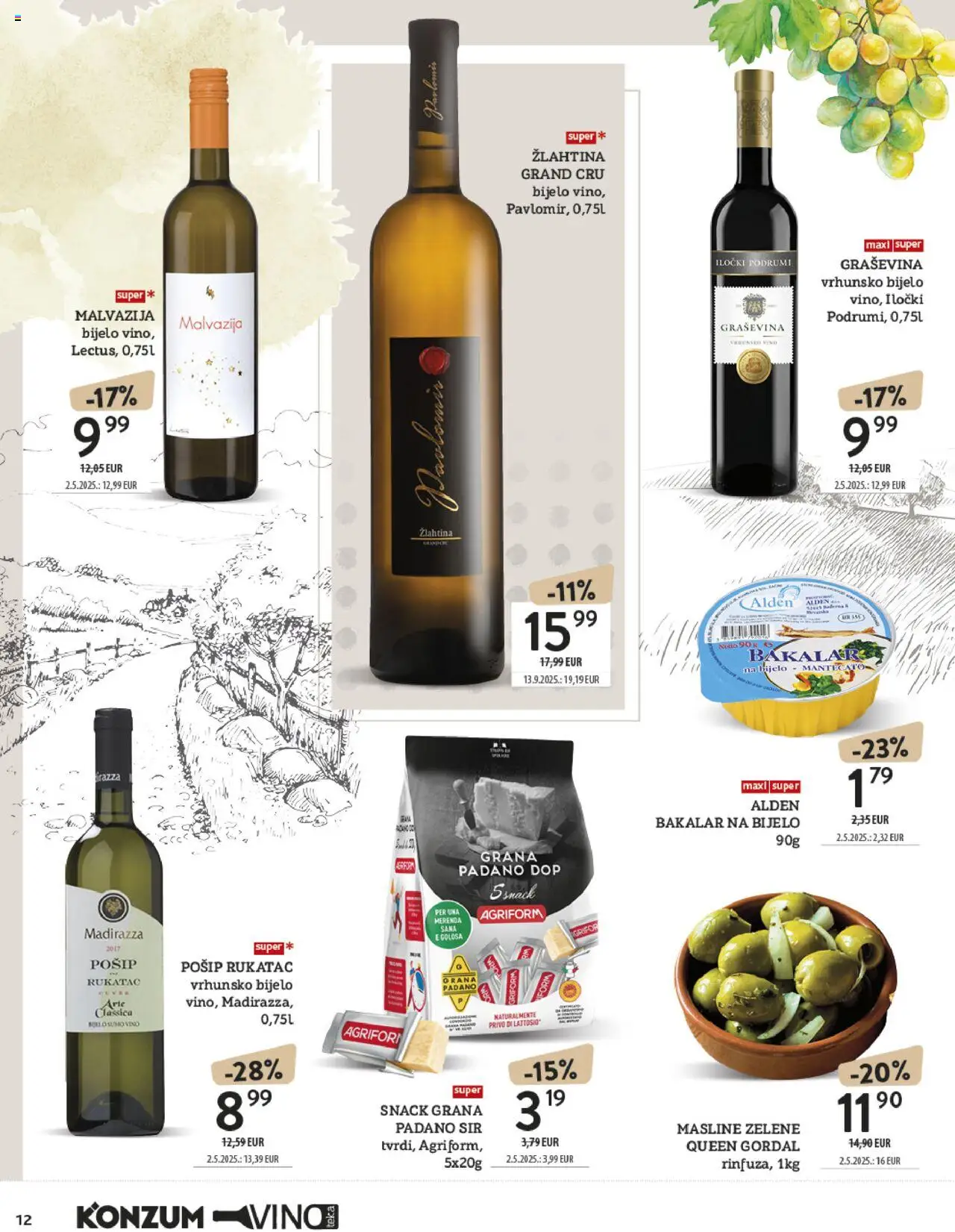 Konzum katalog | vrijedi od 13.10.2025 | Stranica: 12 | Proizvodi: Grana Padano, Masline, Vino, Bakalar