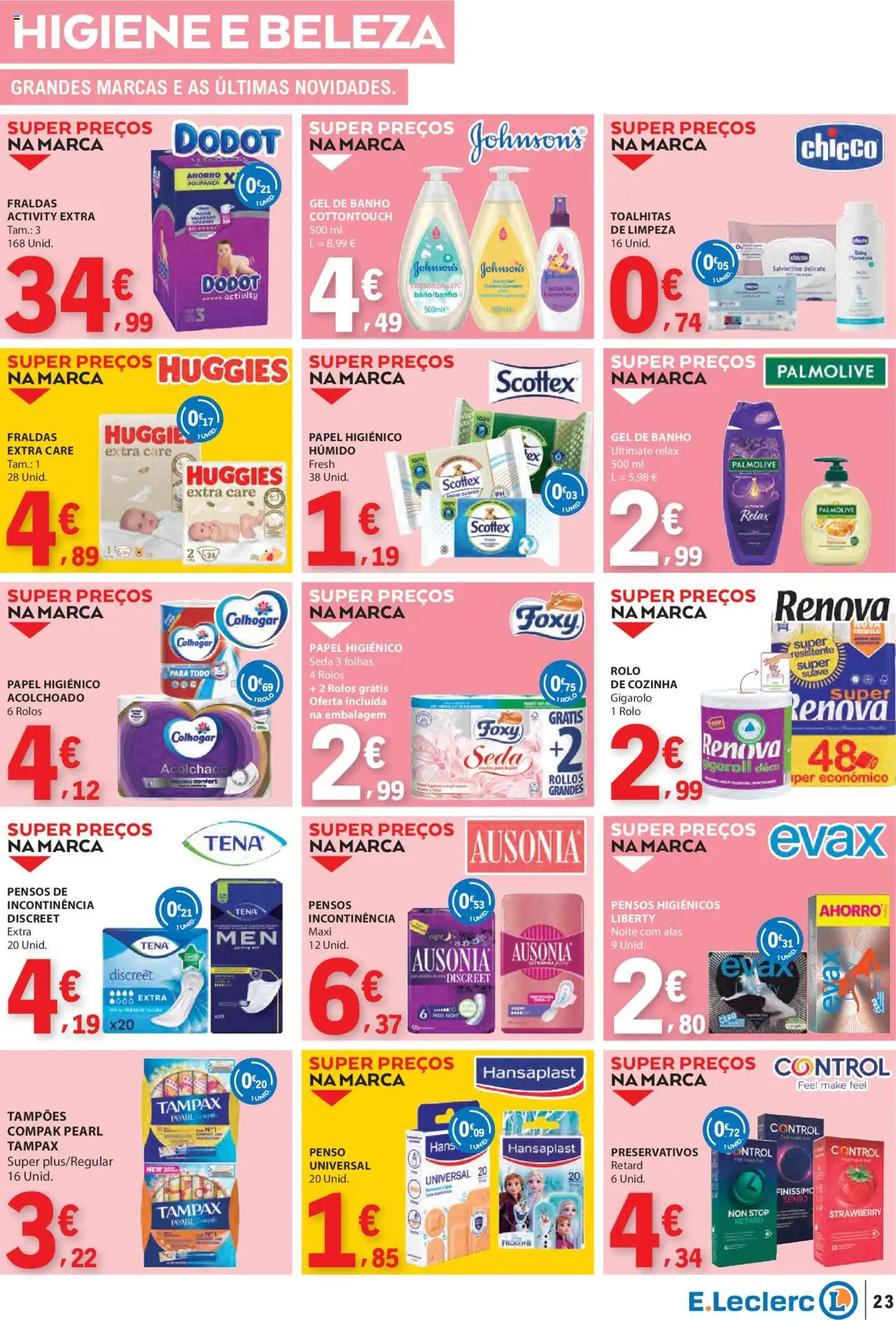 E.Leclerc folheto │ válido de 21.08.2025 | Página: 23 | Produtos: Fraldas, Pó, Gel de banho, Banho