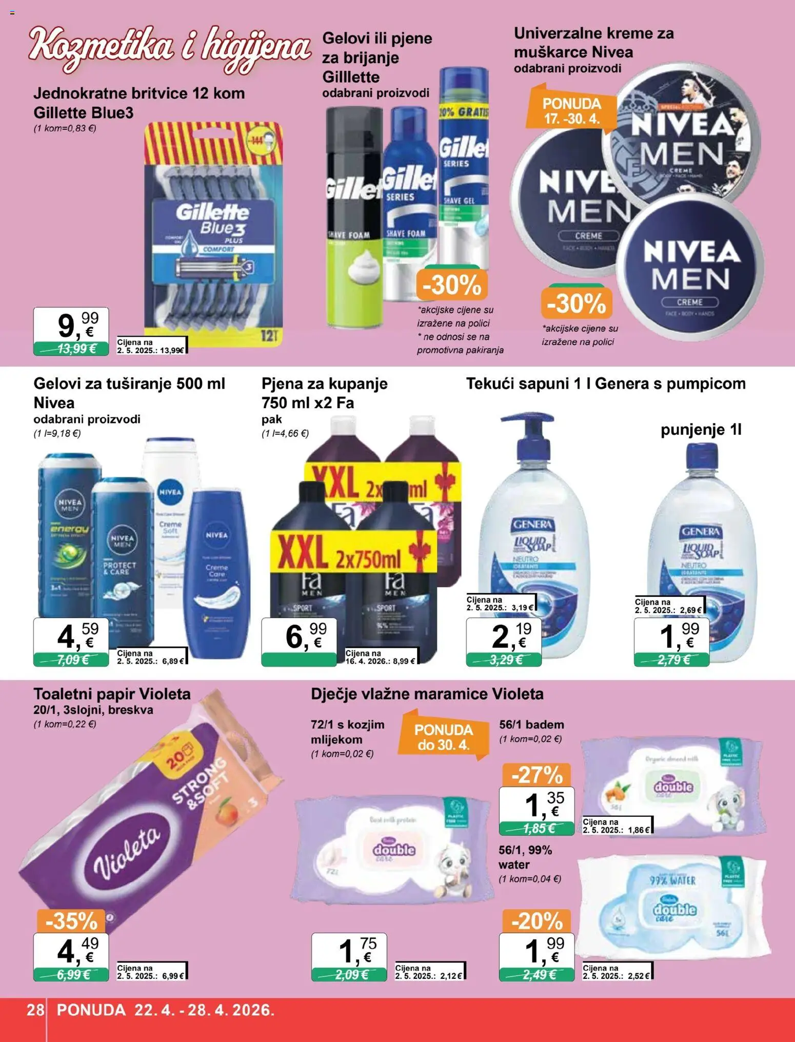 KTC katalog | vrijedi od 22.04.2026 | Stranica: 28 | Proizvodi: Vlažne maramice, Breskva, Nivea, Violeta