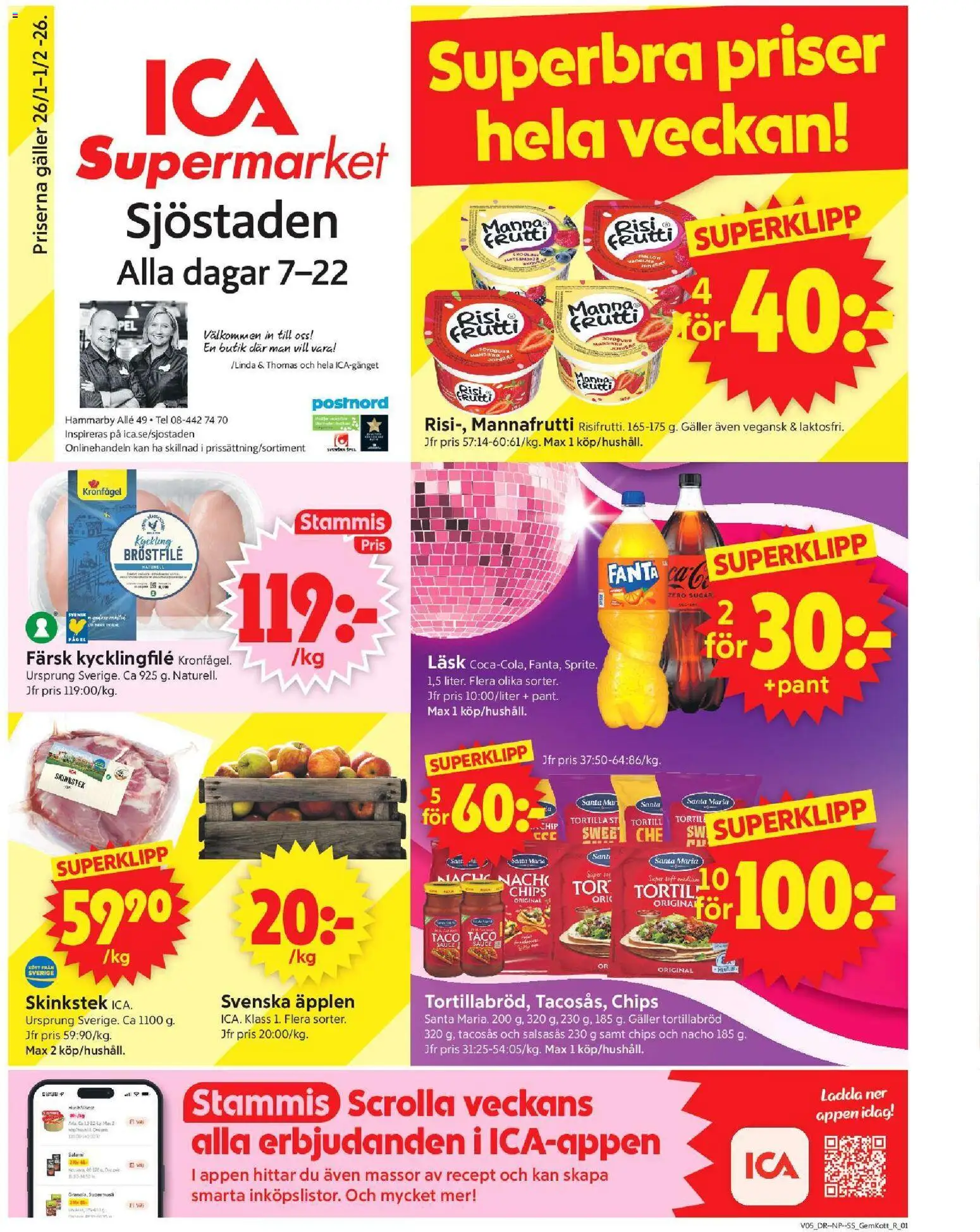 ICA Supermarket reklamblad aktuell från 26.01.2026 | Sida: 1 | Produkter: Tacosås, Fanta, Äpplen, Spel