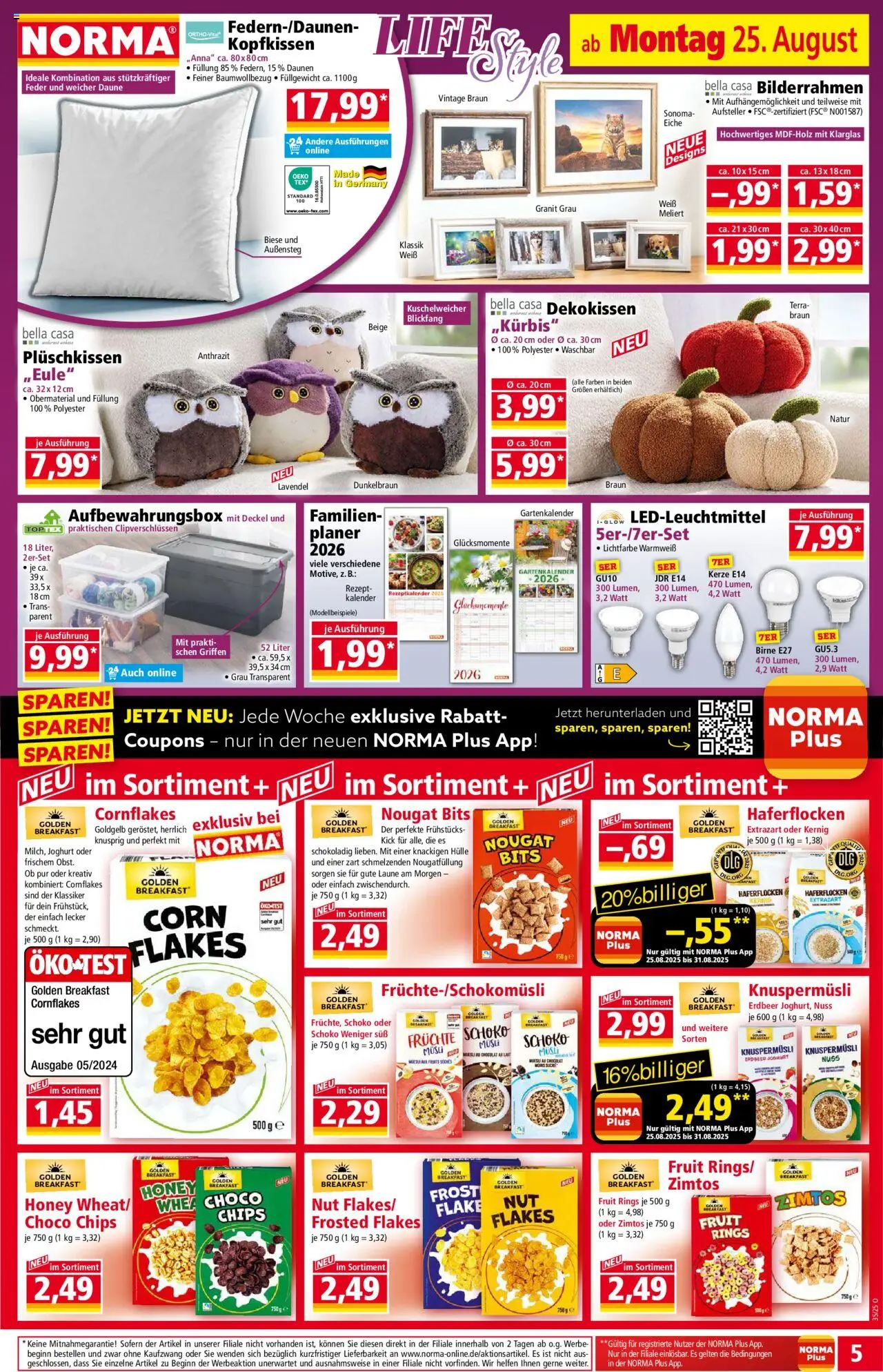 Norma Prospekt 	 - gültig ab dem 25.08.2025 | Seite: 5 | Produkte: Musli, Joghurt, Bilderrahmen, Chips