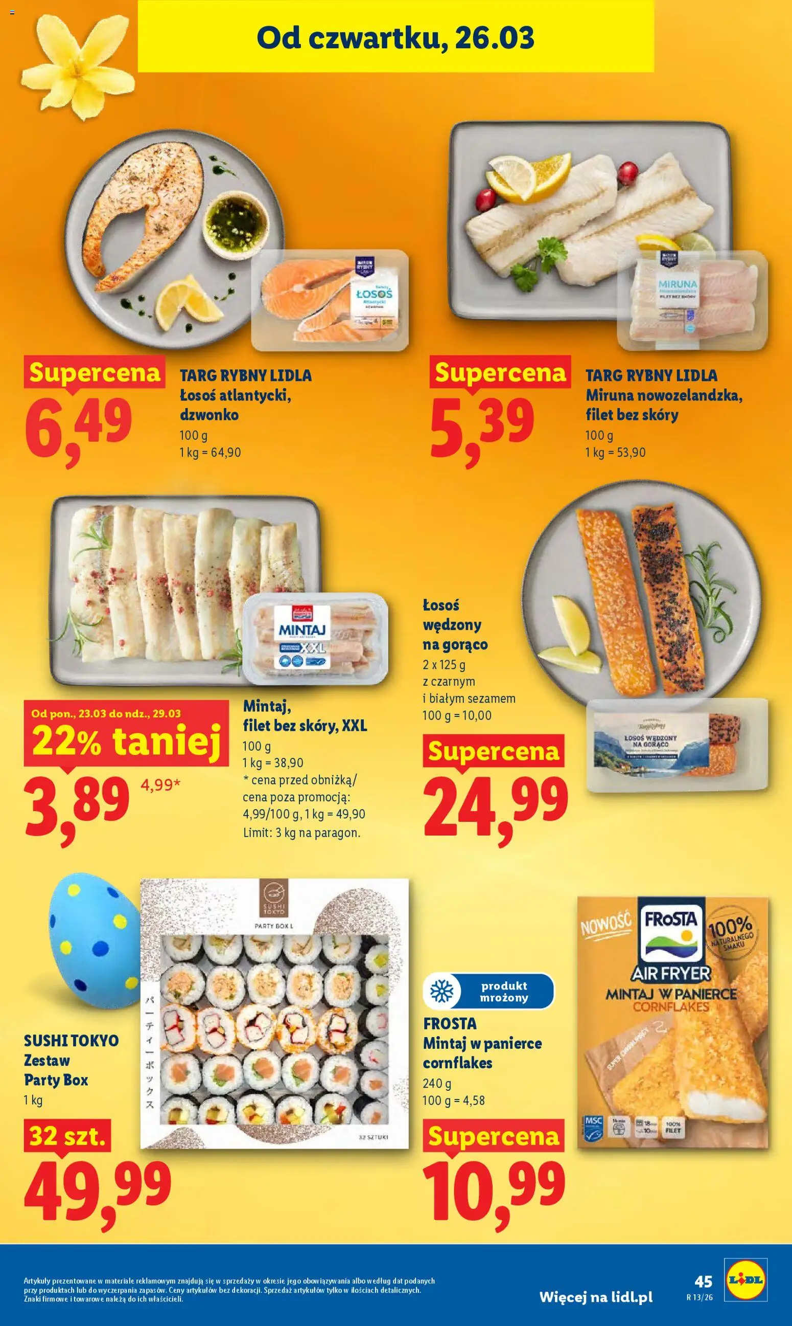 Lidl gazetka od 26.03.2026 | Strona: 45 | Produkty: Miruna, Mintaj, Łosoś, Łosoś wędzony na gorąco