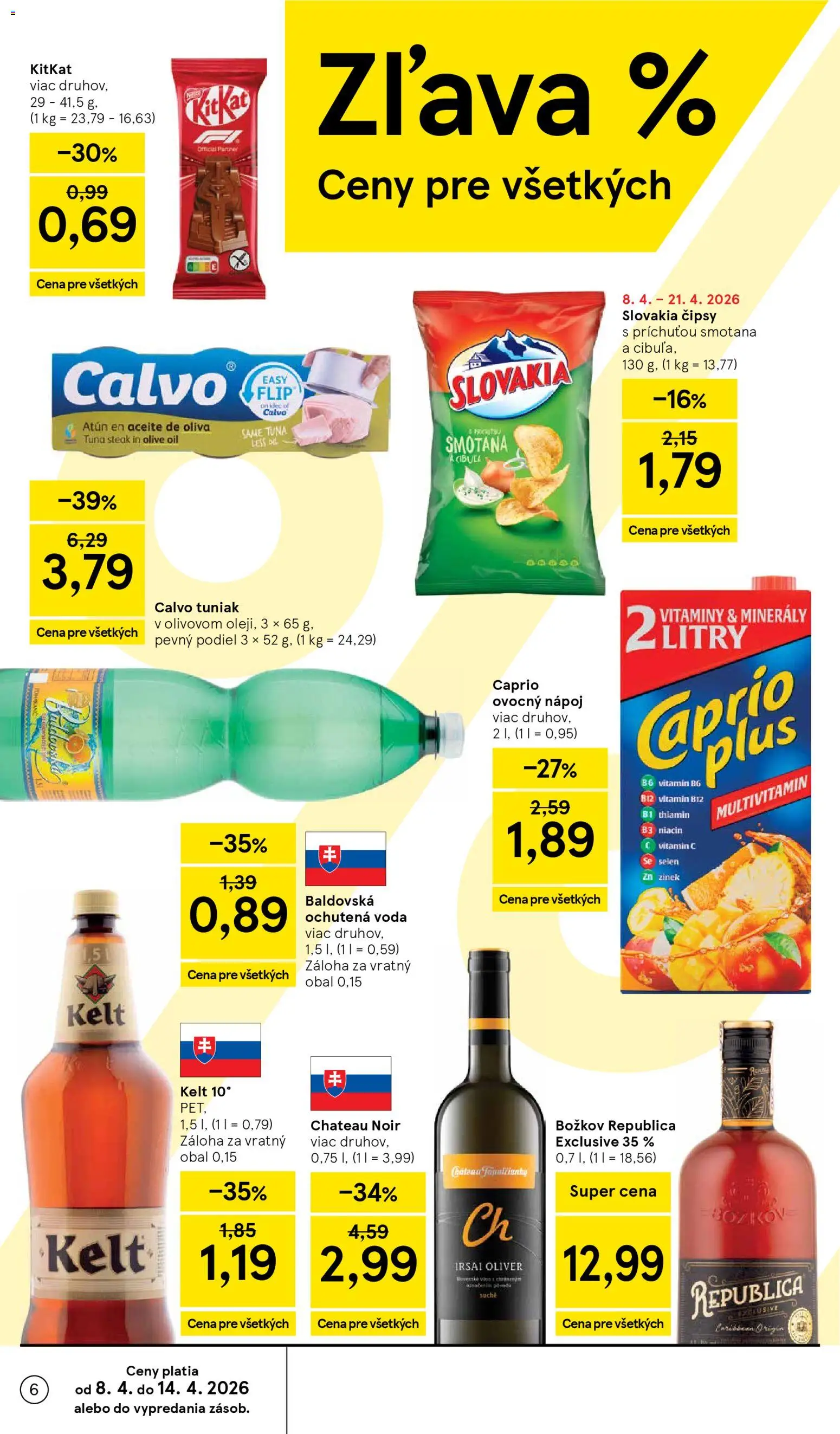 Nové Tesco akcie – leták je platný od 08.04.2026 | Strana: 6 | Produkty: Tuniak, Kelt, Voda, Baldovská