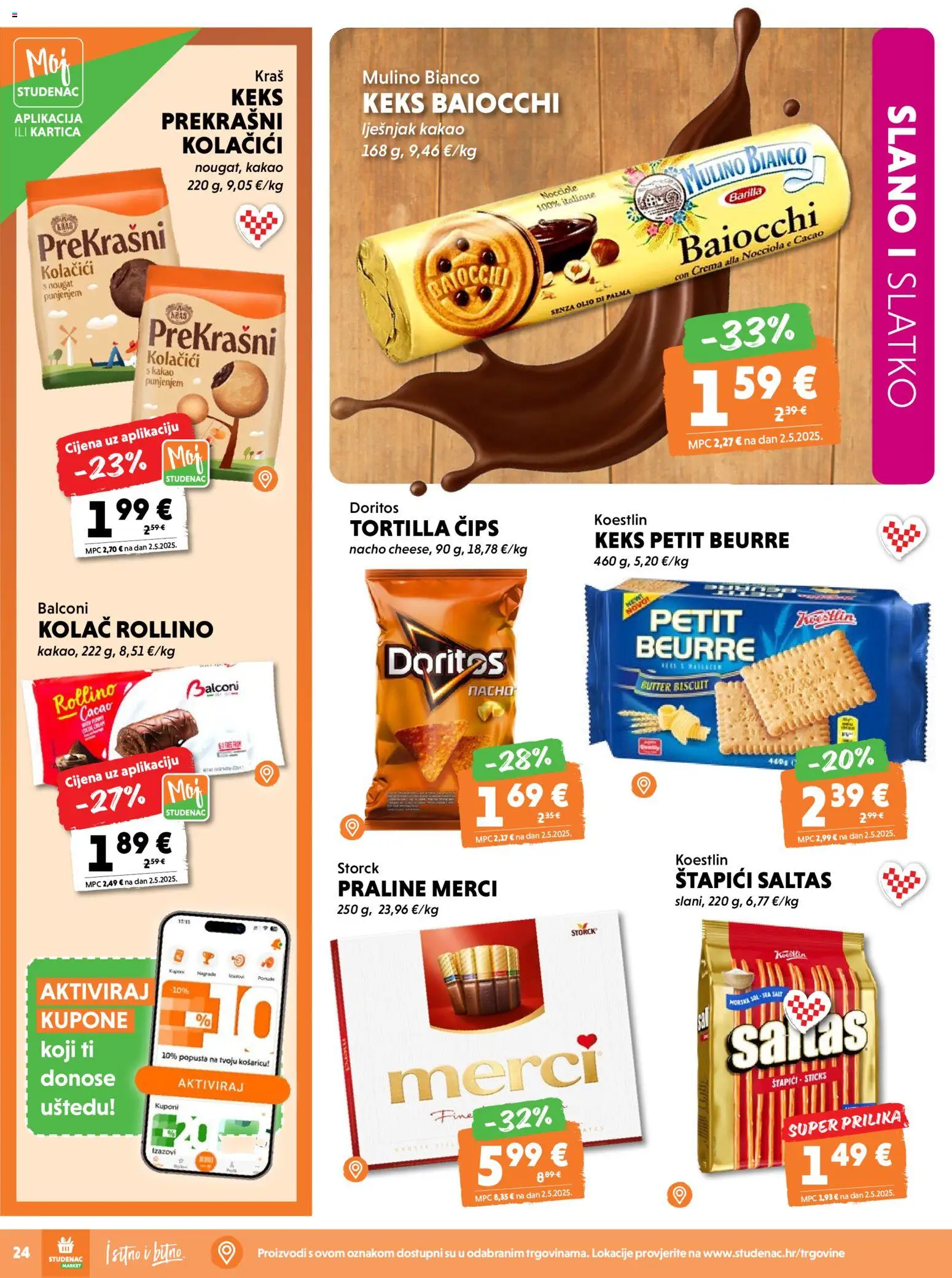 Studenac katalog | vrijedi od 22.04.2026 | Stranica: 24 | Proizvodi: Praline, Petit Beurre, Sol, Štapići