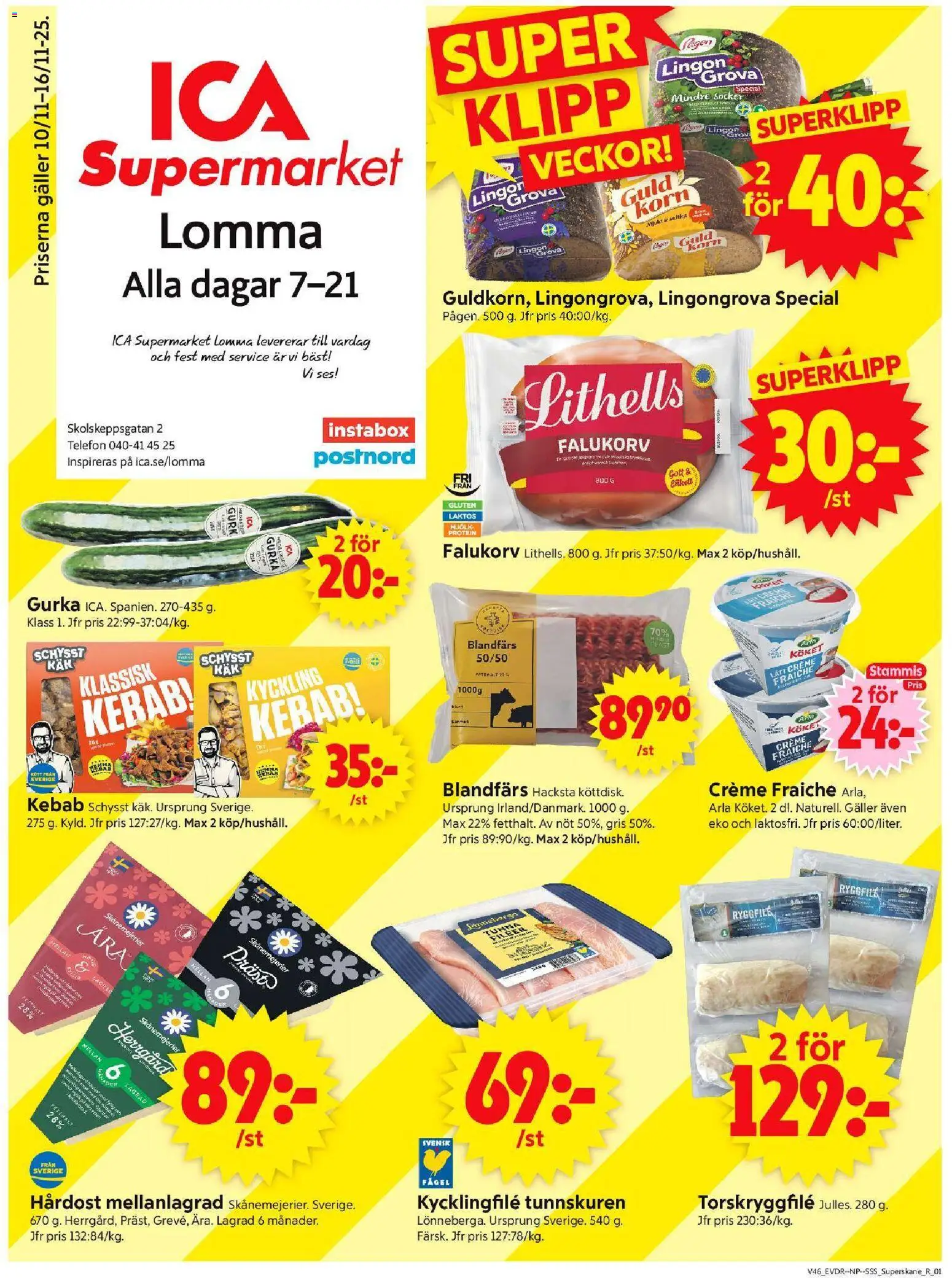 ICA Supermarket reklamblad aktuell från 10.11.2025 | Sida: 1 | Produkter: Kycklingfile, Falukorv, Mjölk, Gurka