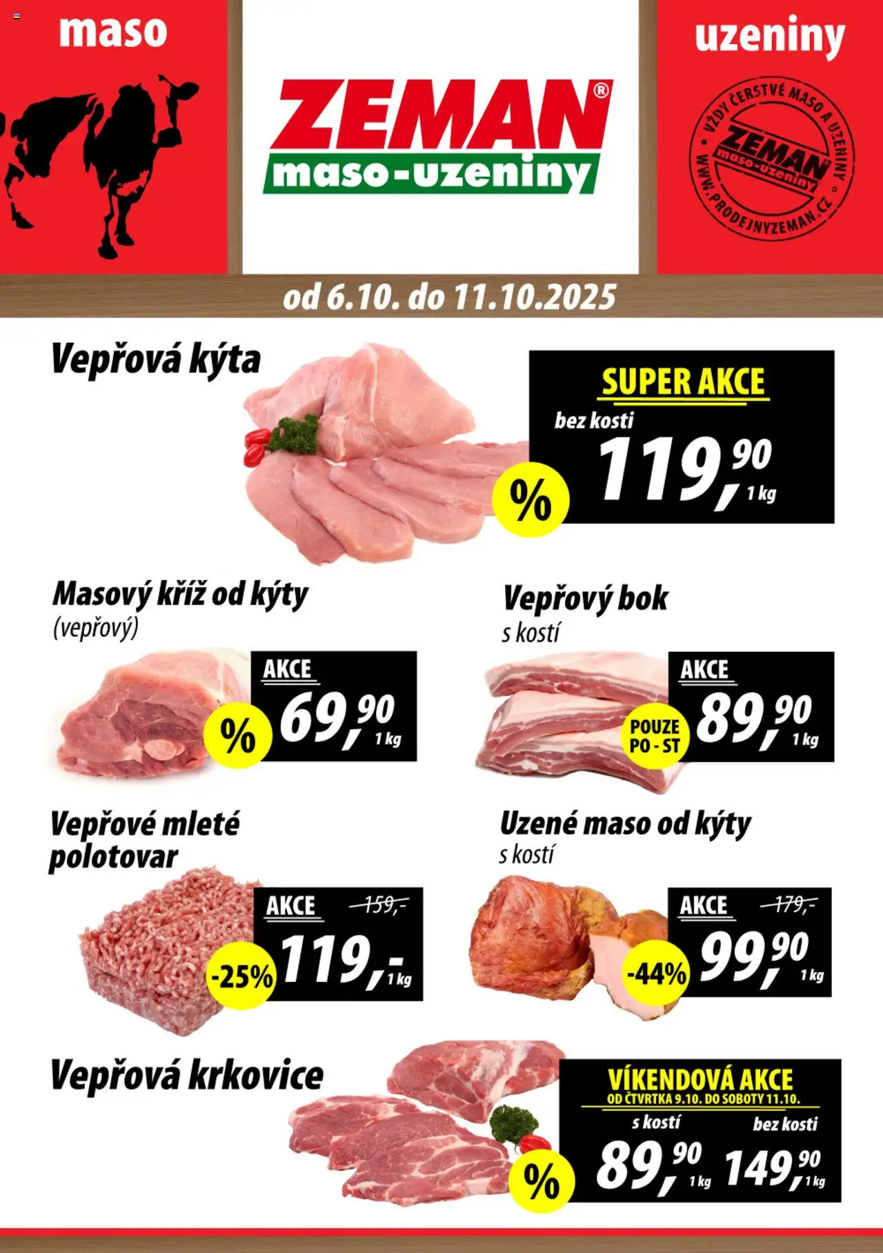 Prodejny Zeman leták od 06.10.2025 | Strana: 1 | Produkty: Uzené maso, Uzeniny, Vepřová Kýta, Krkovice