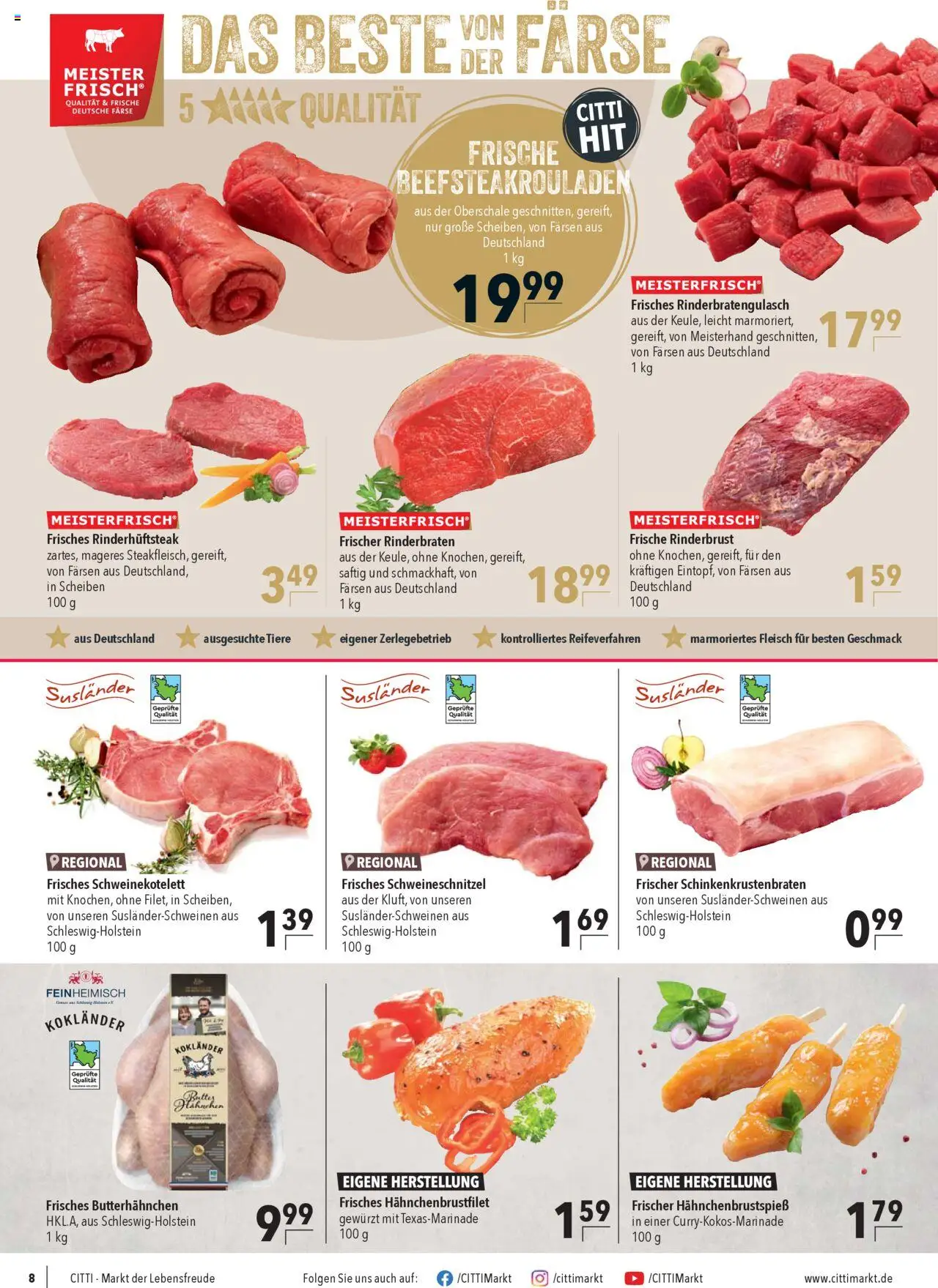 CITTI Markt Prospekt 	 - gültig ab dem 27.08.2025 | Seite: 8 | Produkte: Rinderbraten, Hahnchen, Butter, Fleisch