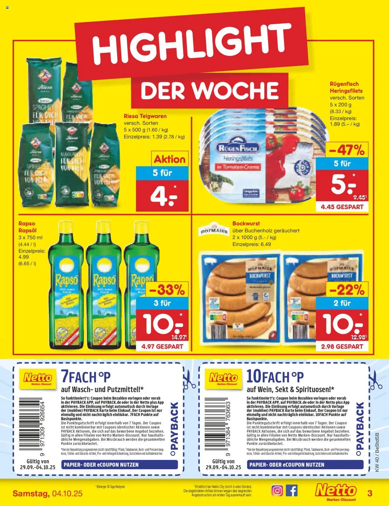 Netto Marken-Discount Prospekt 	 – gültig ab 29.09.2025 | Seite: 3 | Produkte: Bockwurst, Rapsöl, Sekt, Fisch