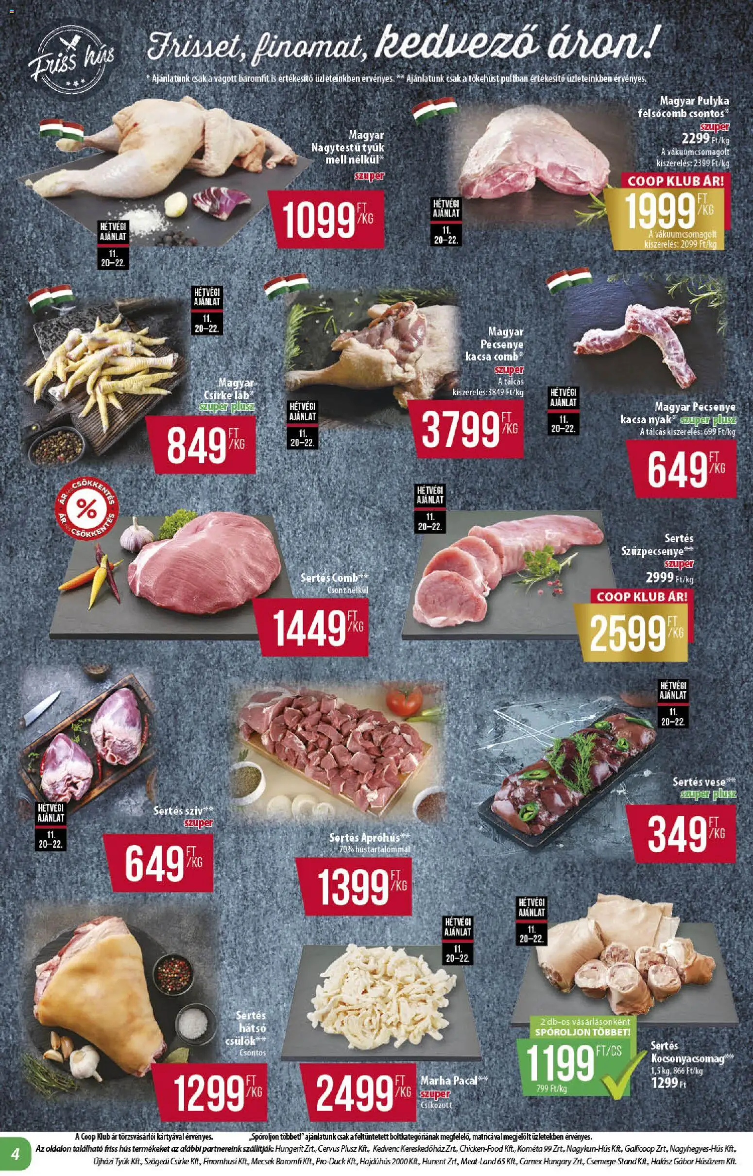 COOP akciós ujság - amely érvényes a következő dátumtól: 20.11.2025 | Oldal: 4 | Termékek: Hús, Pacal, Kacsa, Szűzpecsenye