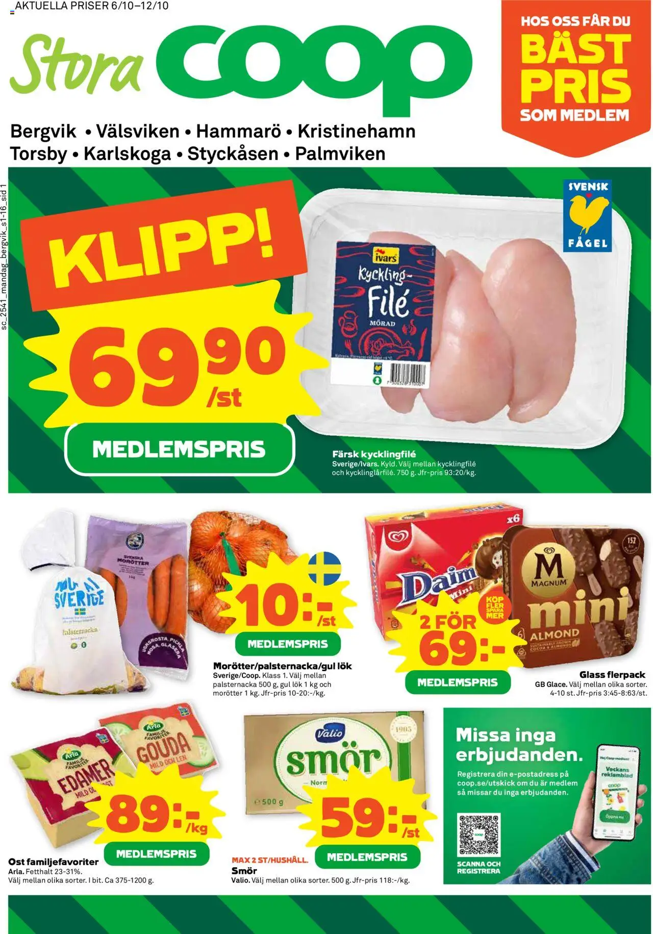 Stora Coop reklamblad aktuell från 06.10.2025 | Sida: 1 | Produkter: Ost, Gul lök, Öl, Glass